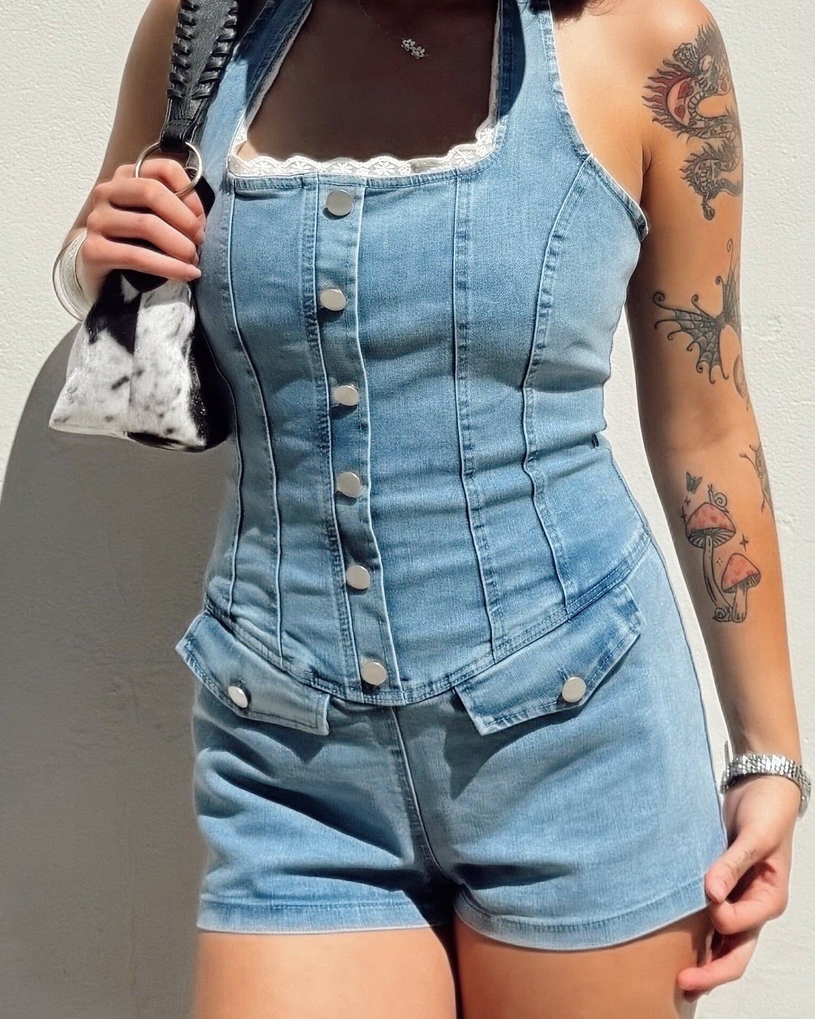 Lace Trim Denim Romper