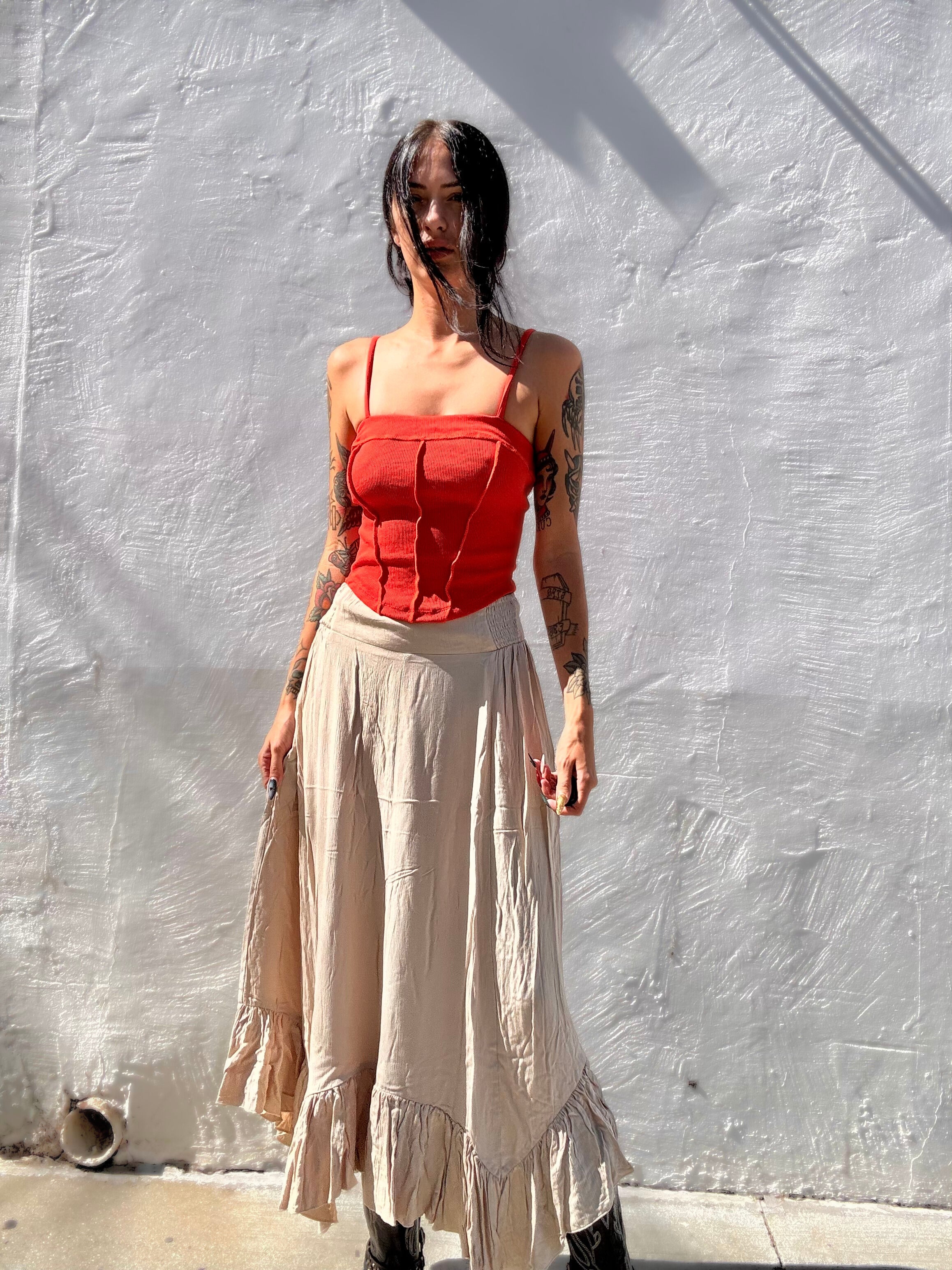 Ruffle Trim Maxi Skirt - Cream