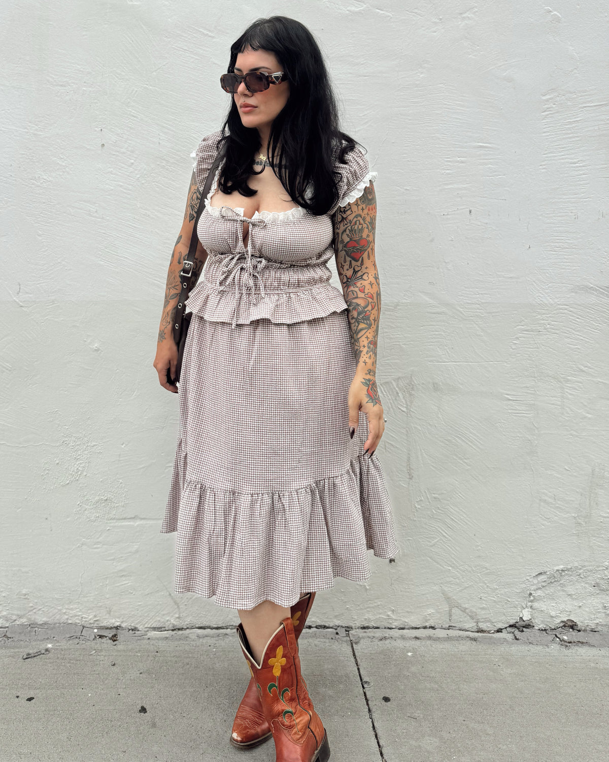 Gingham Midi Dress - Coffee