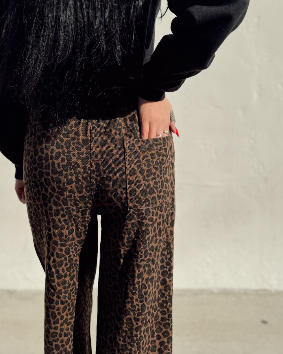 Leopard Wide Leg Denim Pant - Burnout