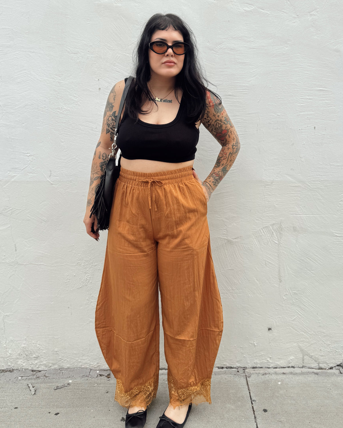 Lace Trim Barrel Pants - Marigold