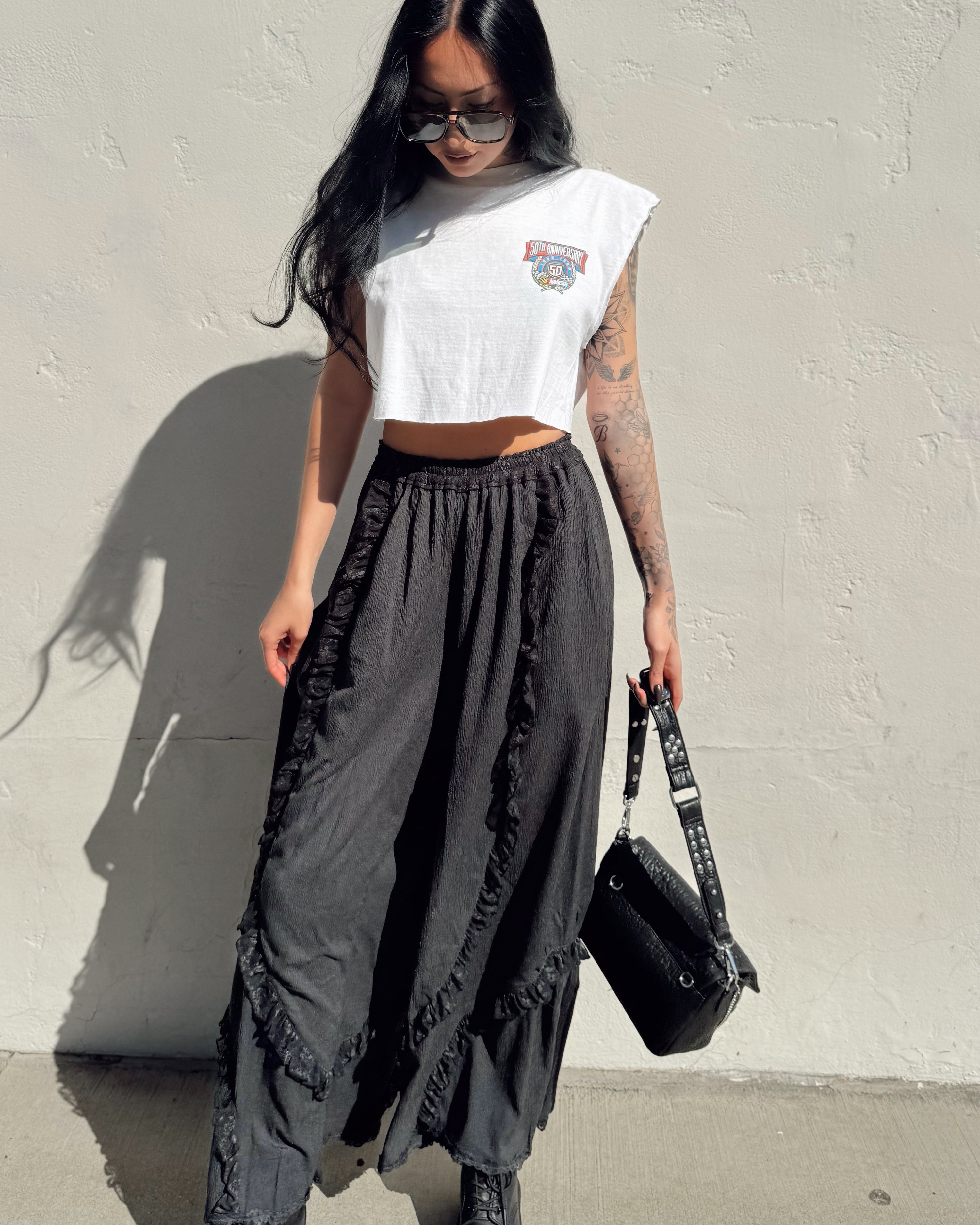 Ruffle Wide Leg Pants - Black