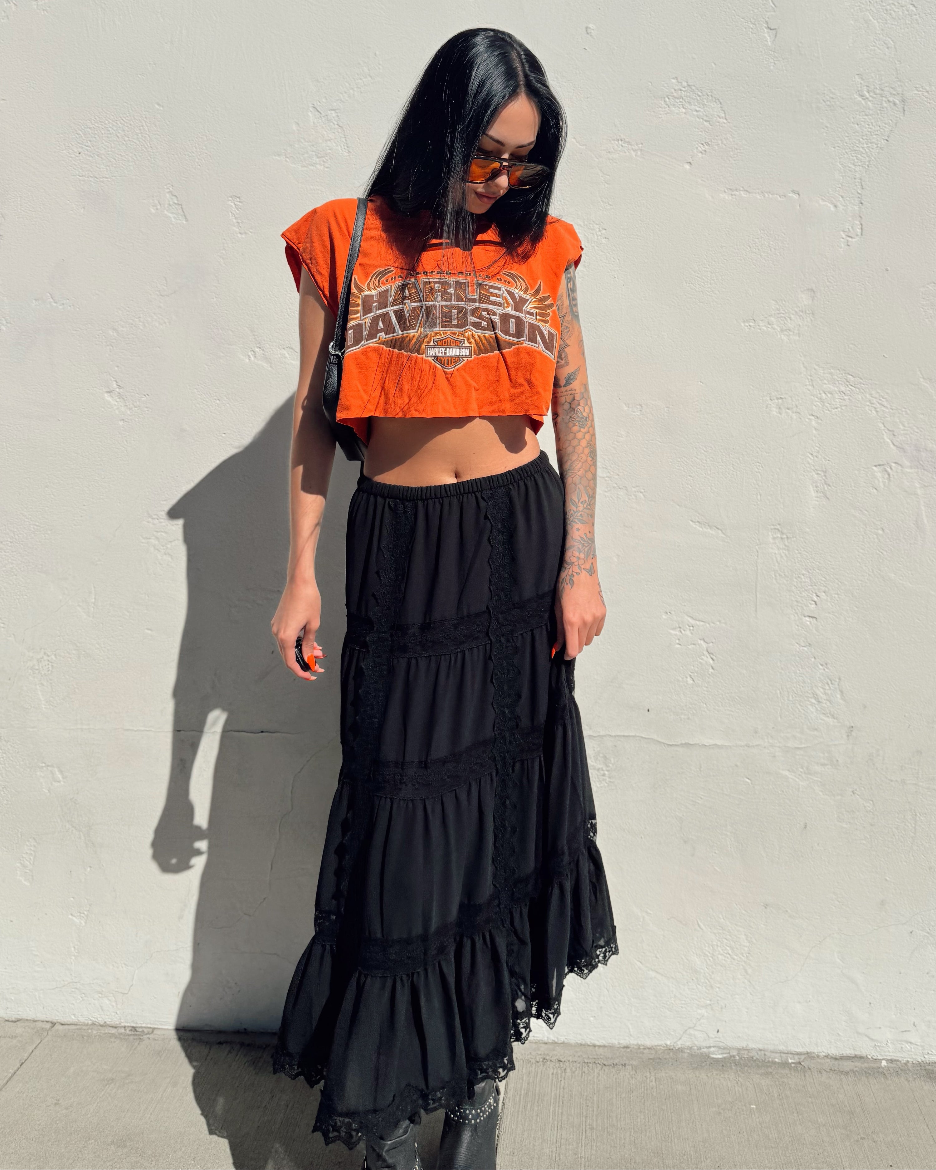Lace Trim Maxi Skirt - Black