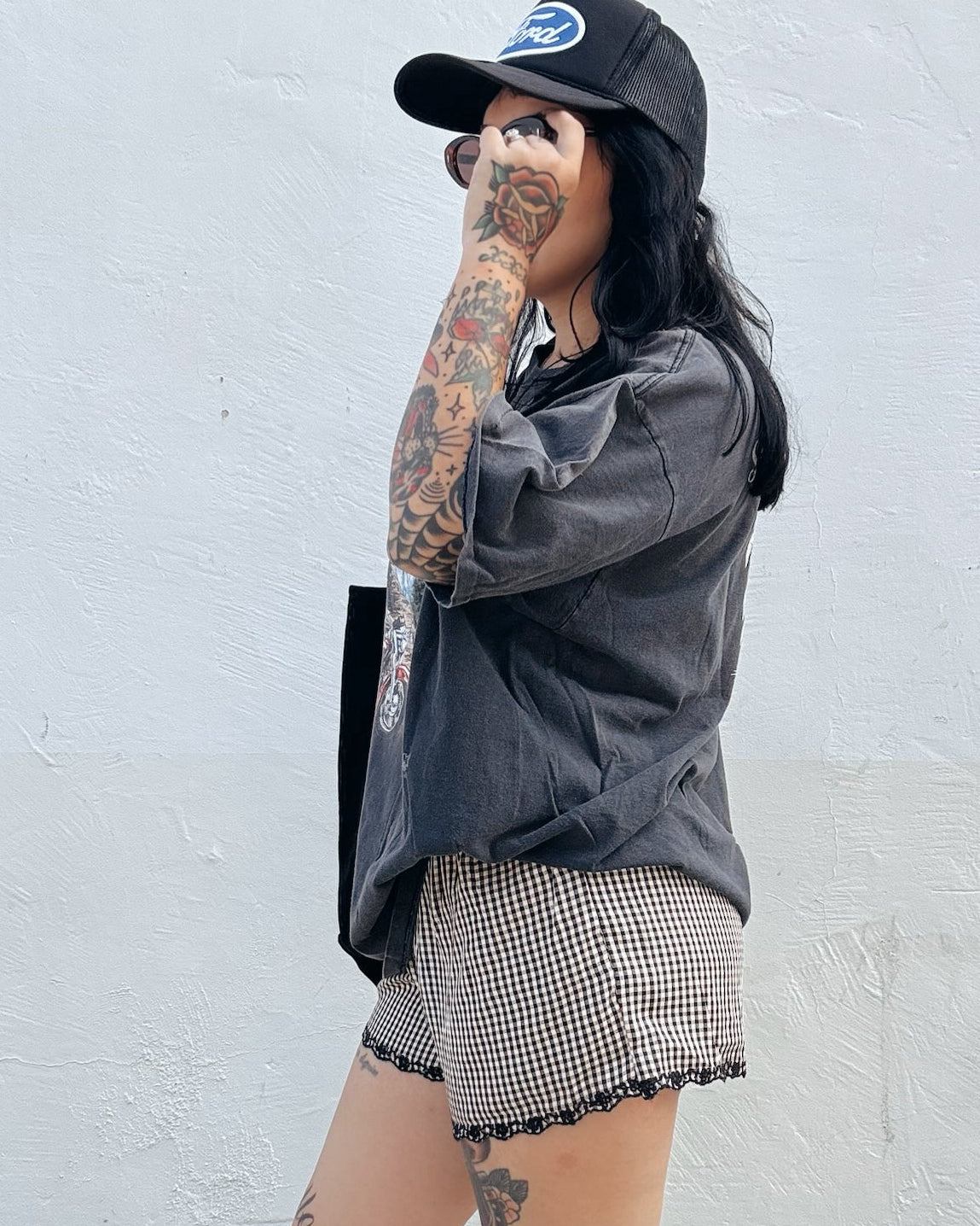 Gingham Embroidered Shorts - Black