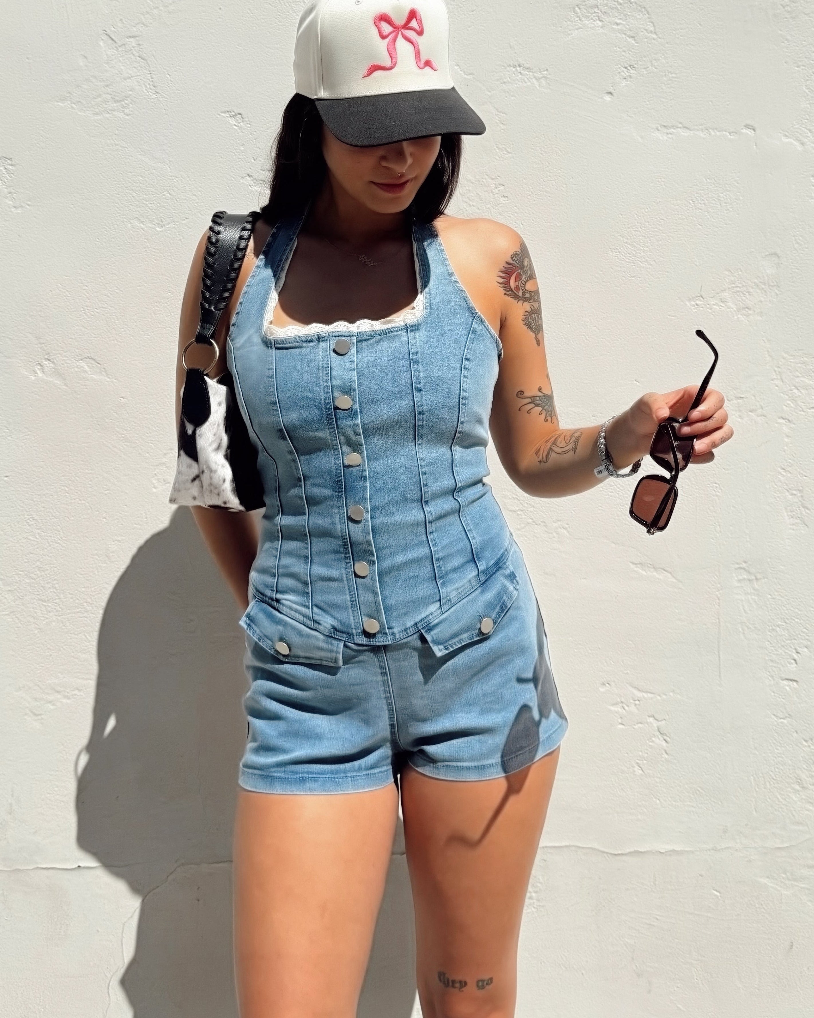 Lace Trim Denim Romper