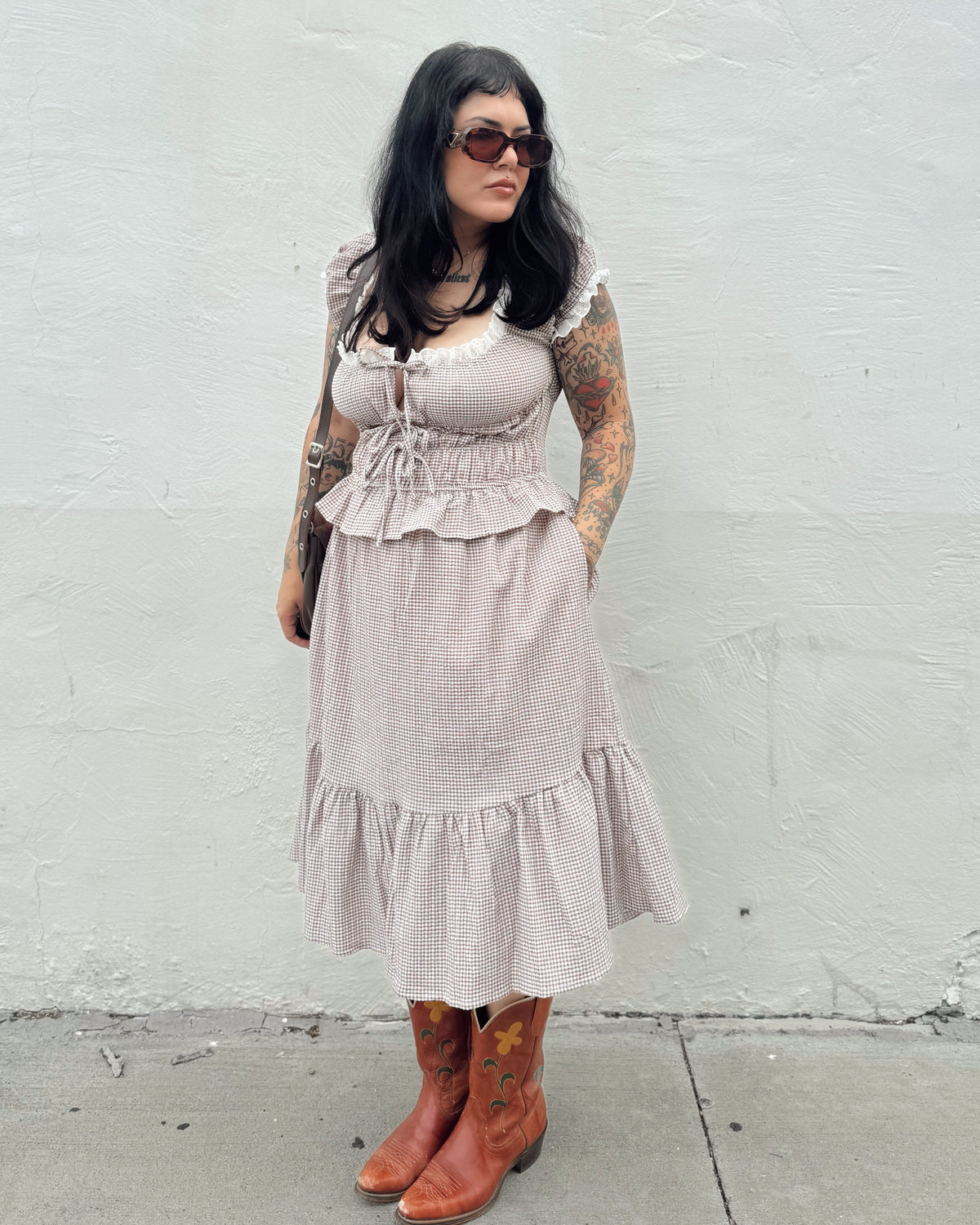 Gingham Midi Dress - Coffee