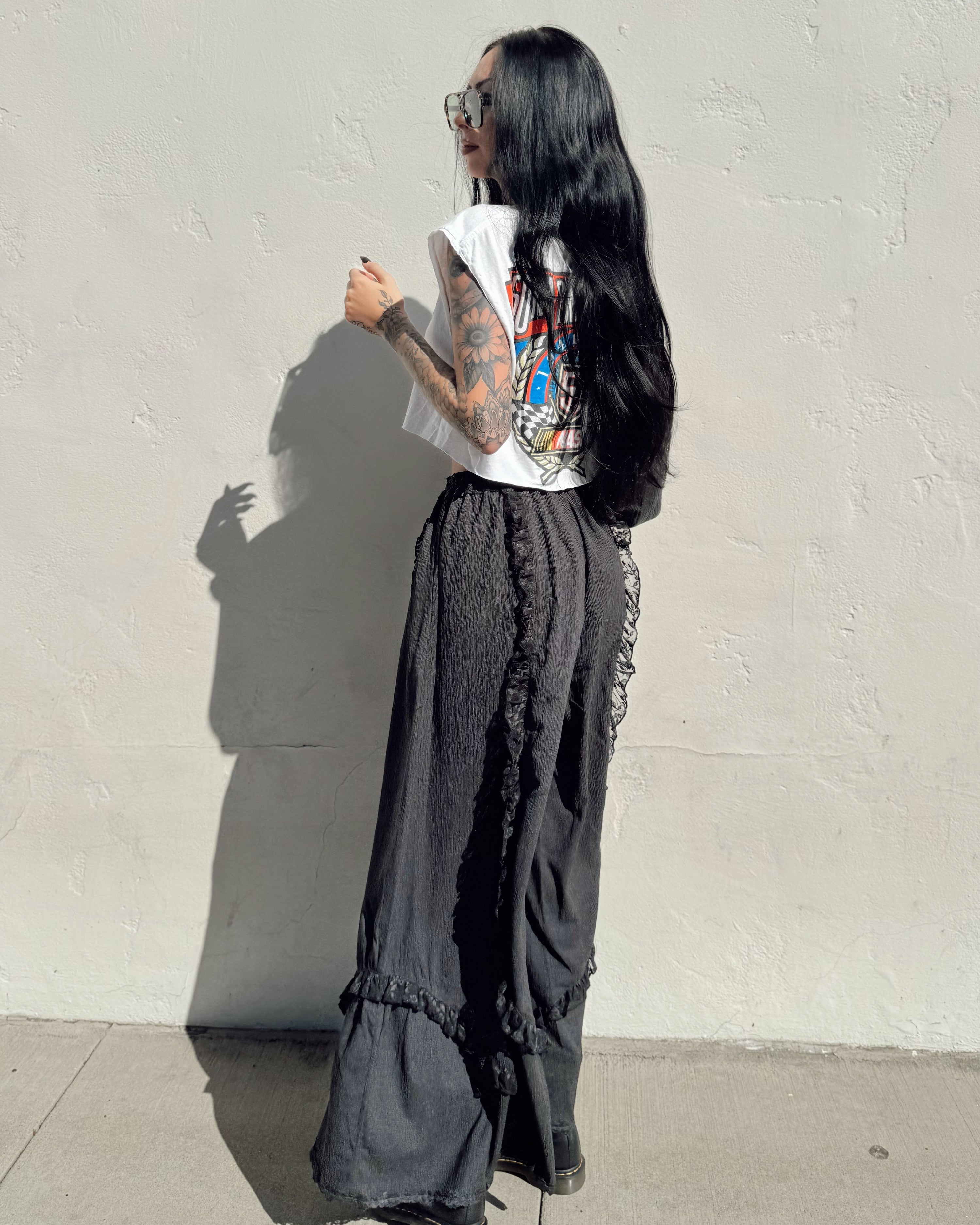 Ruffle Wide Leg Pants - Black