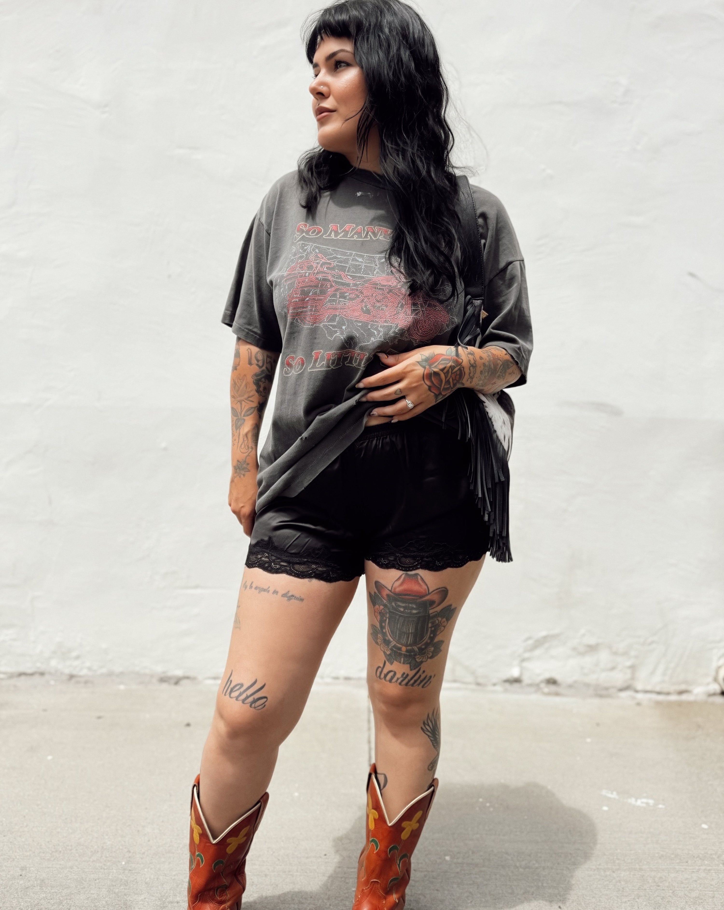 Lace Trim Satin Shorts - Black