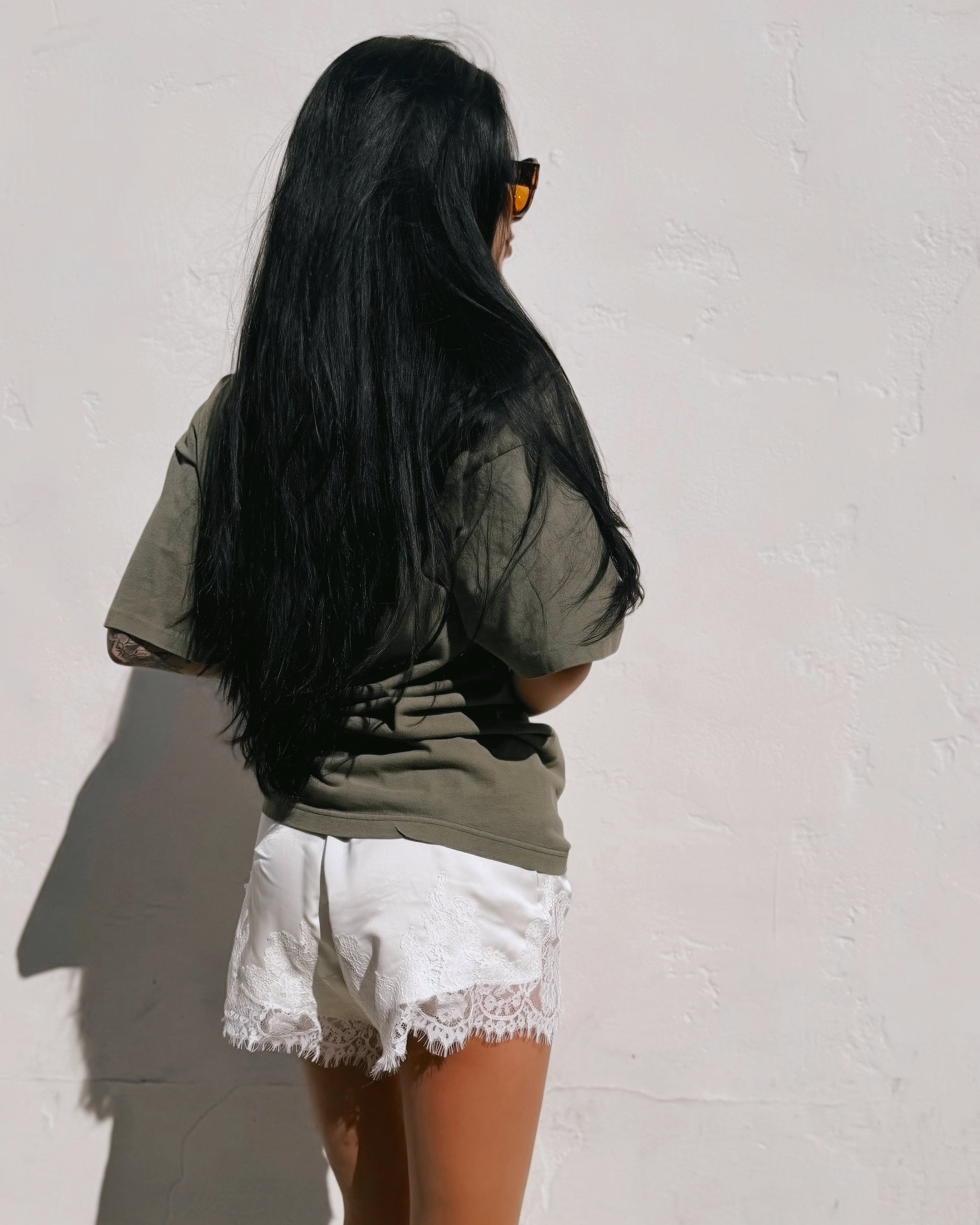Lace Trim Satin Shorts - Cream