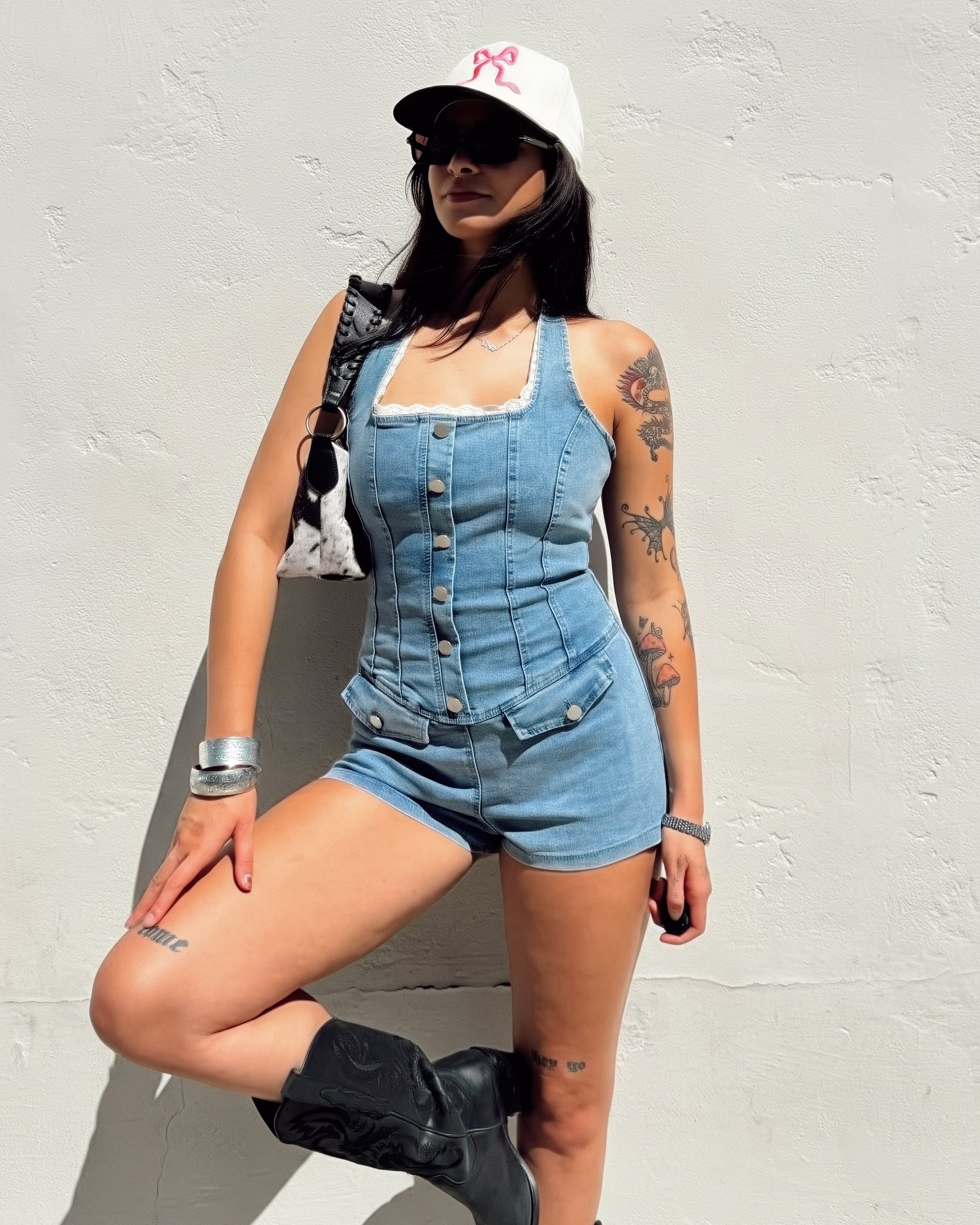 Lace Trim Denim Romper