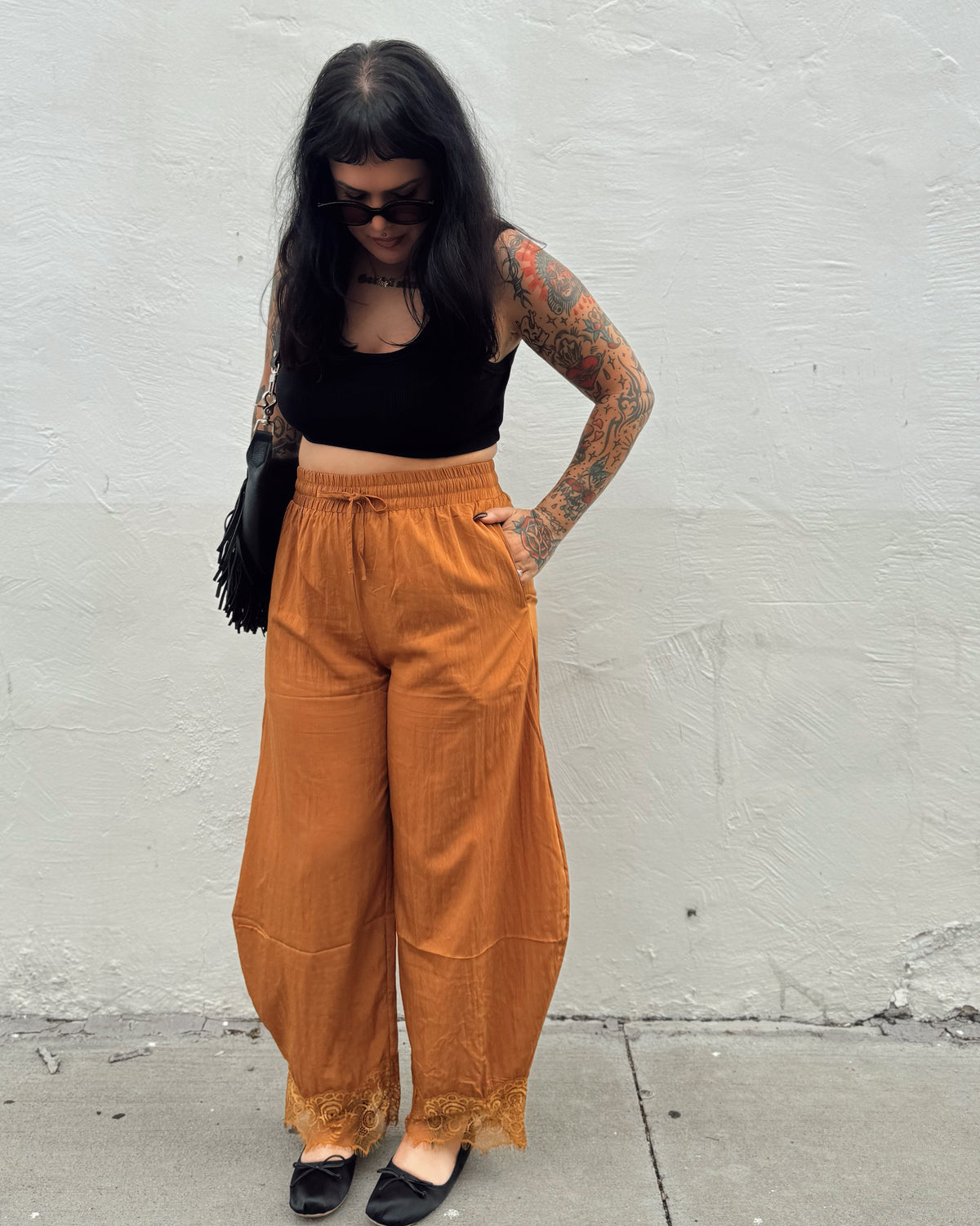 Lace Trim Barrel Pants - Marigold