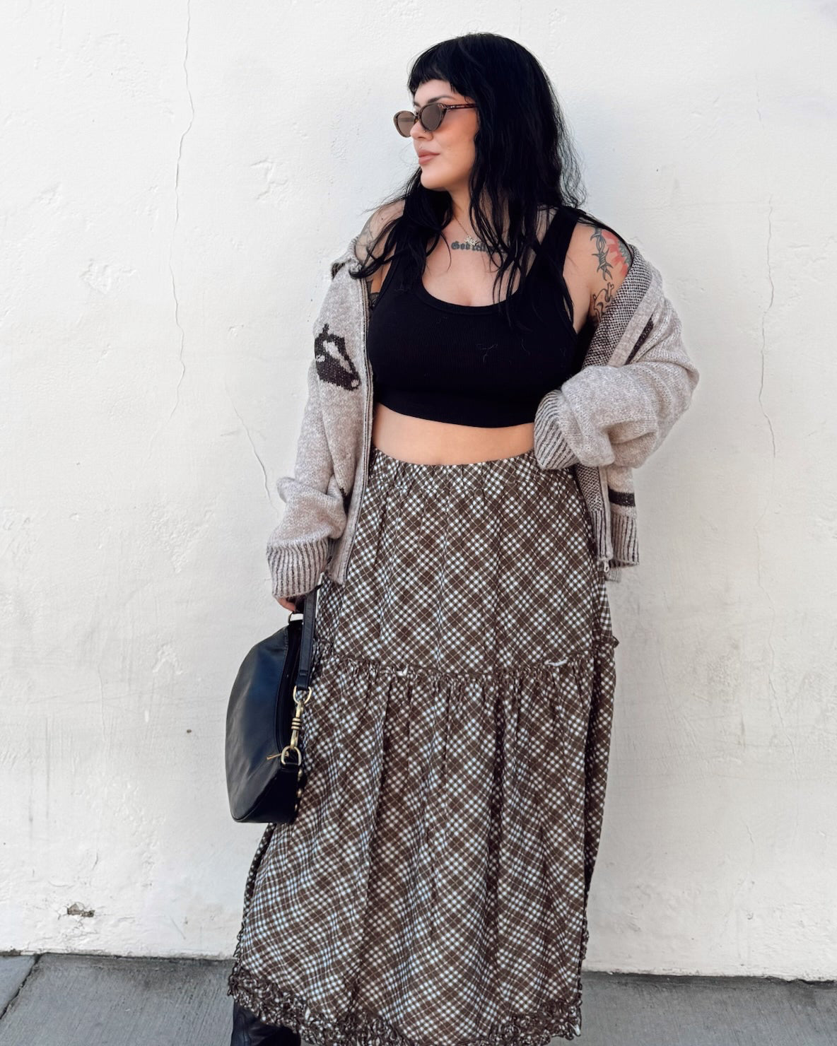 Ruffle Plaid Midi Skirt