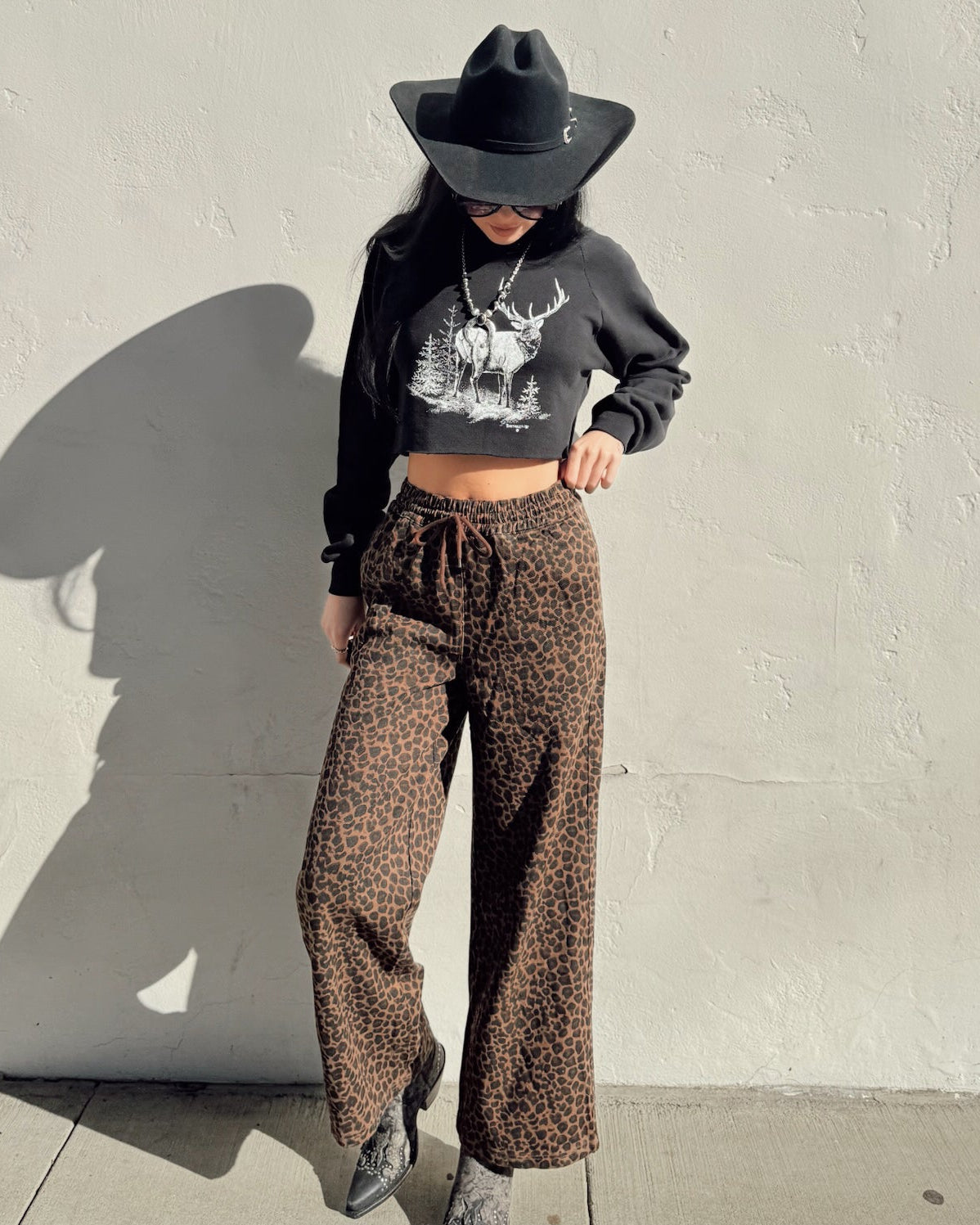 Leopard Wide Leg Denim Pant - Burnout