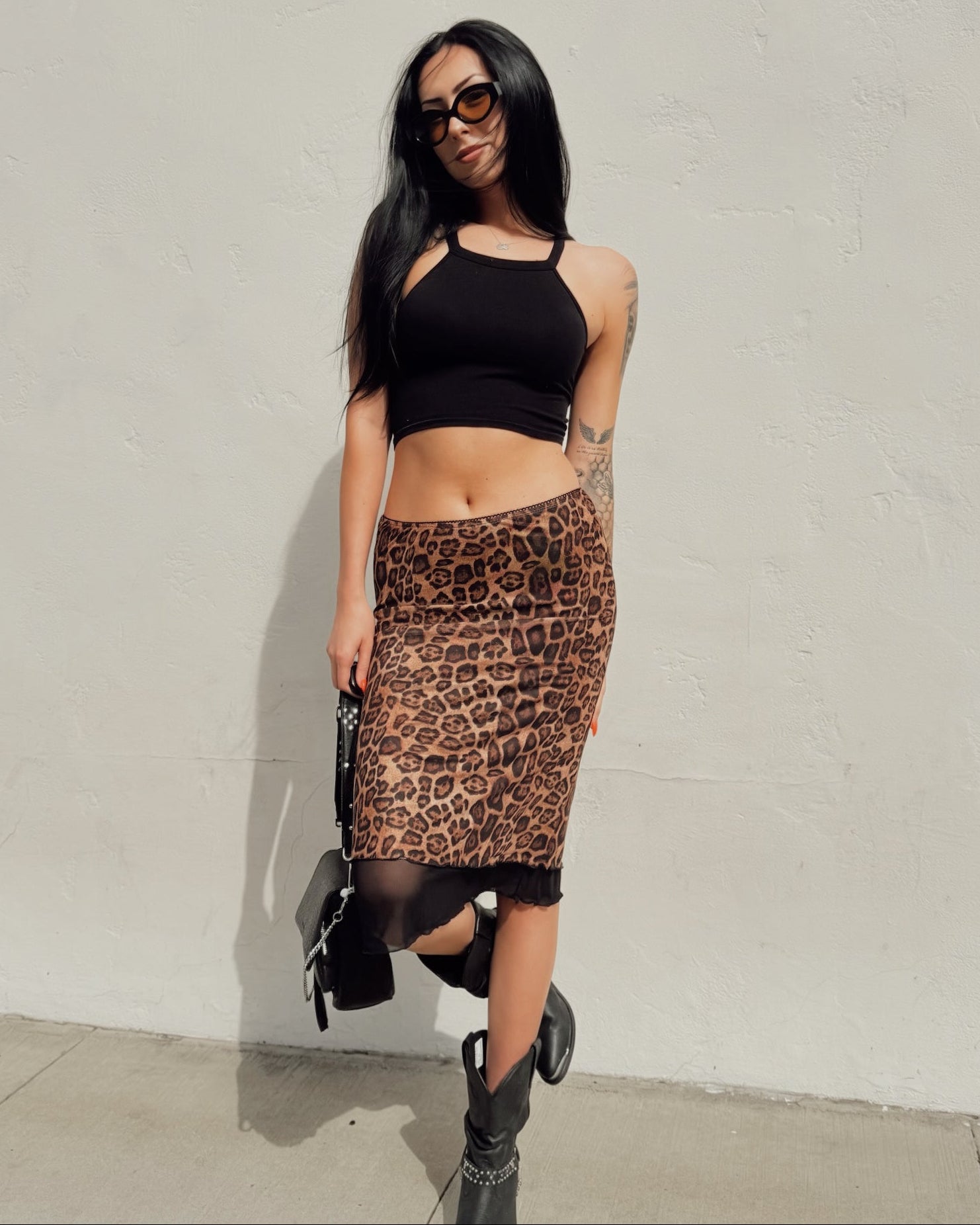 Leopard Mesh Midi Skirt