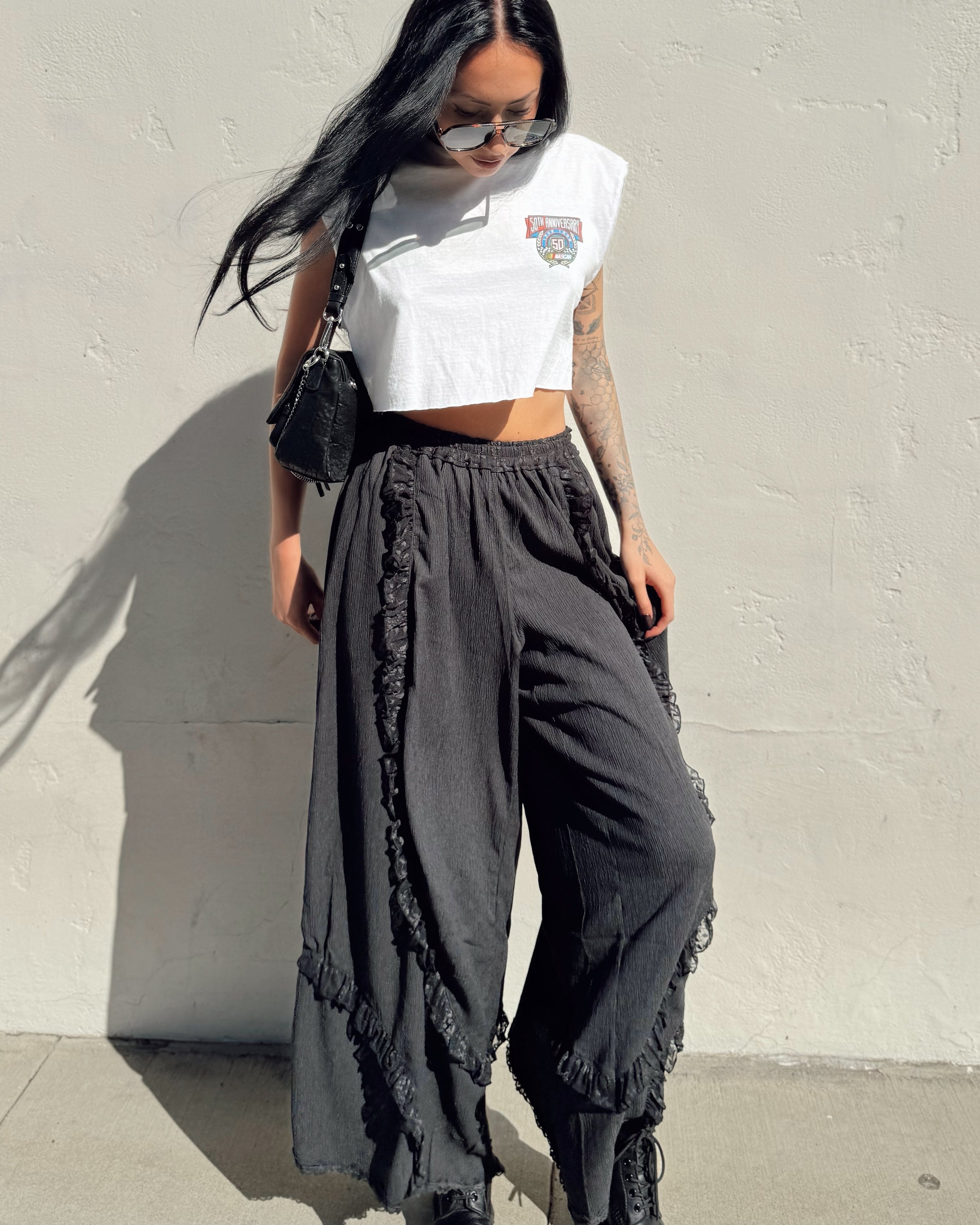 Ruffle Wide Leg Pants - Black