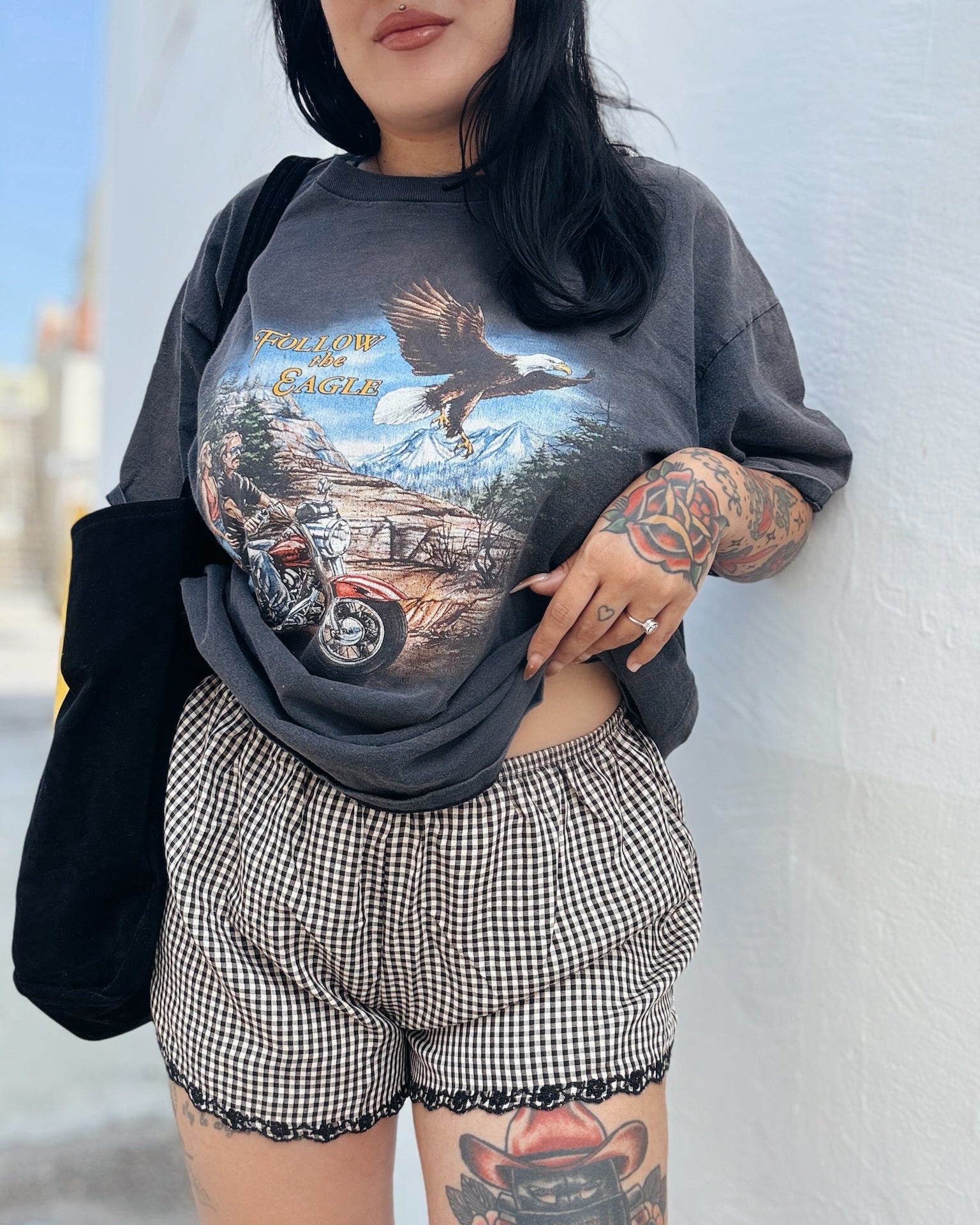 Gingham Embroidered Shorts - Black