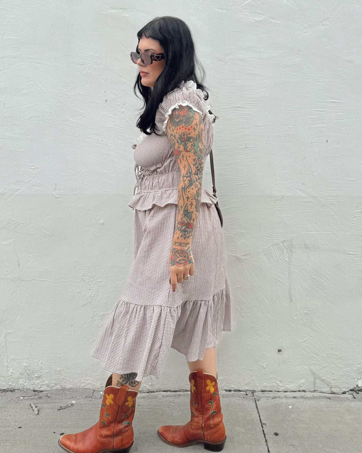 Gingham Midi Dress - Coffee