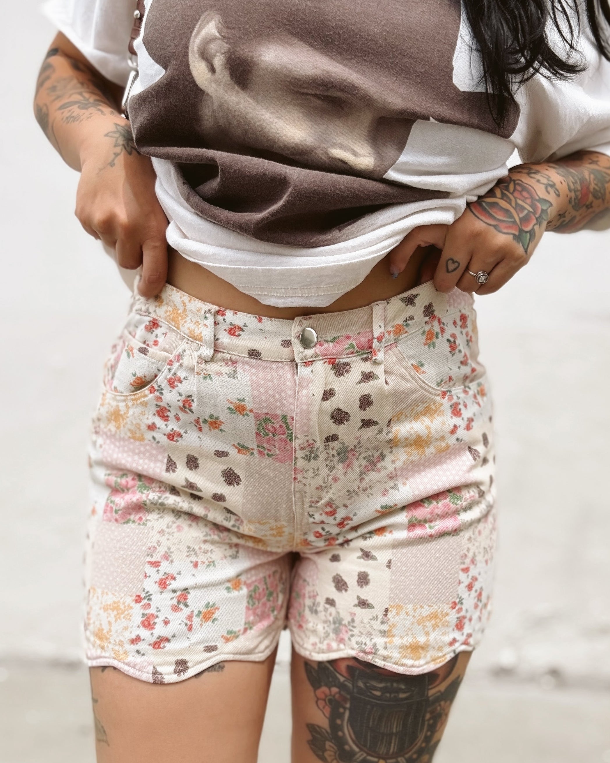 Floral Patchwork Denim Shorts