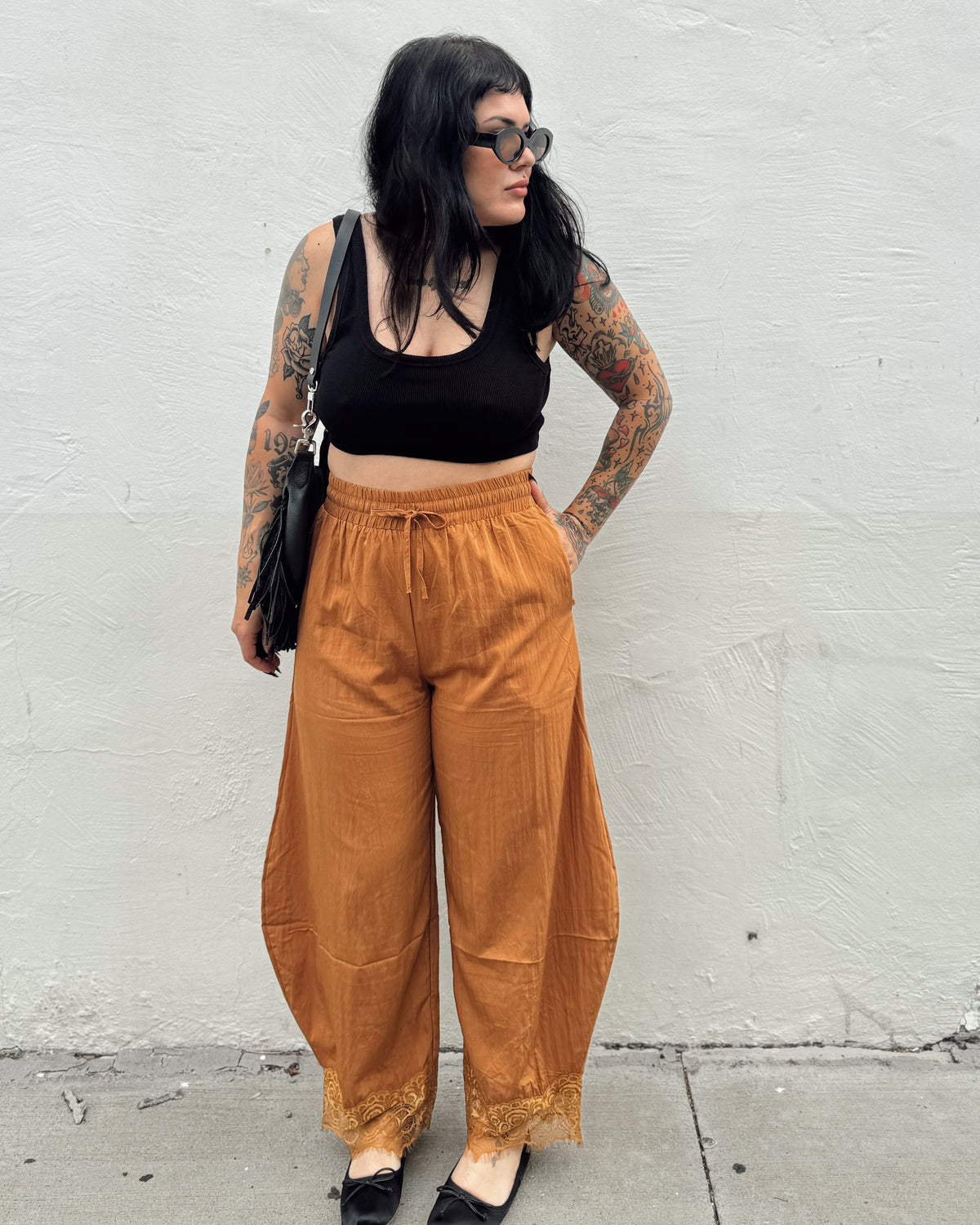 Lace Trim Barrel Pants - Marigold