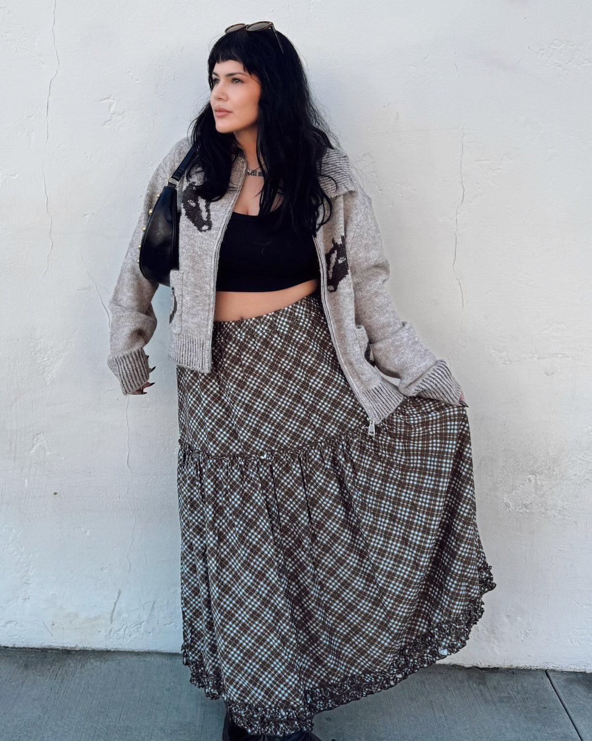 Ruffle Plaid Midi Skirt