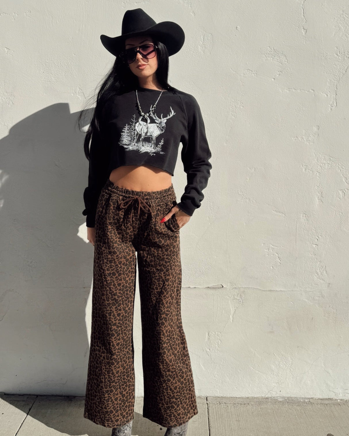 Leopard Wide Leg Denim Pant - Burnout