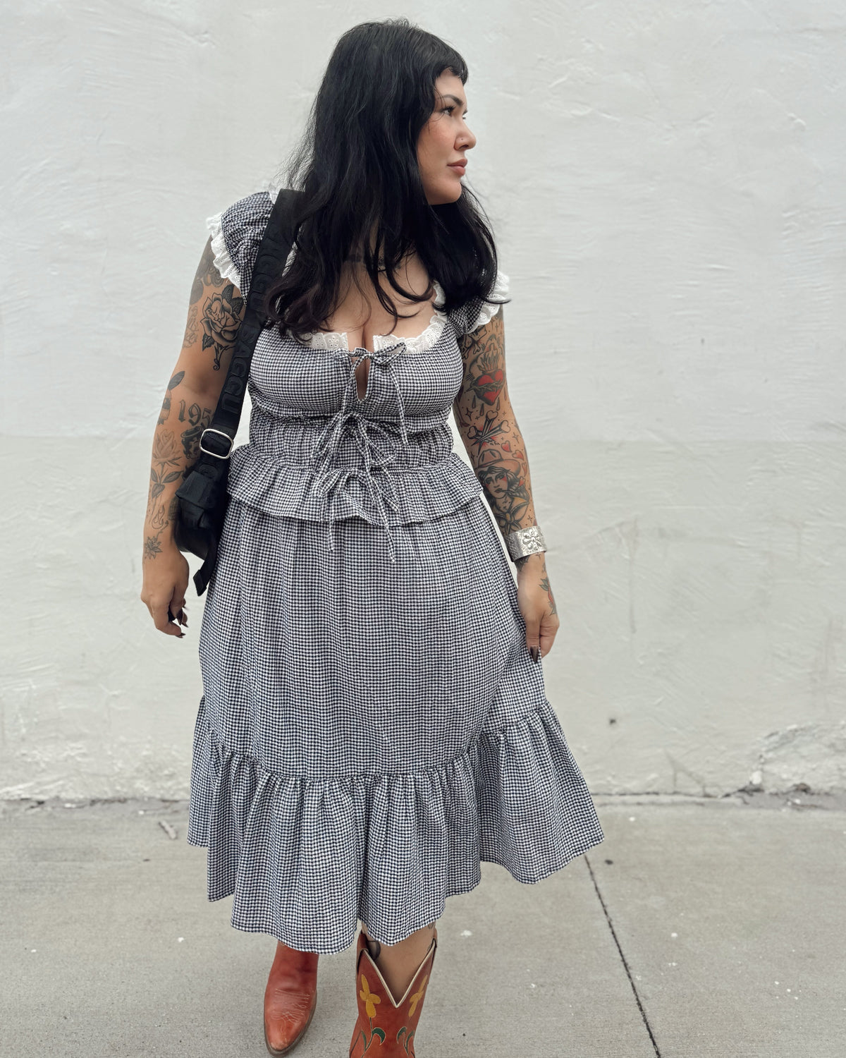 Gingham Midi Dress - Black