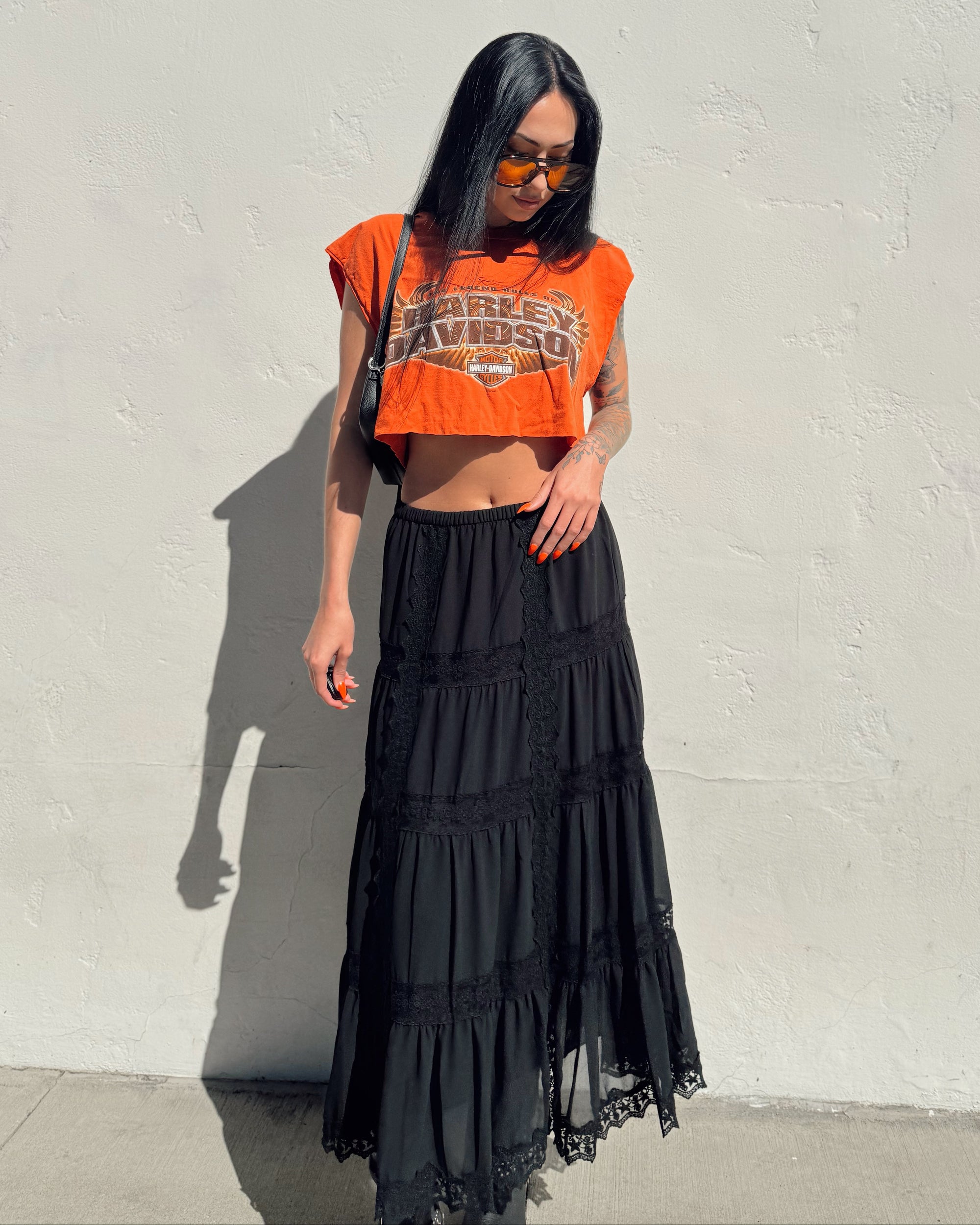 Lace Trim Maxi Skirt - Black
