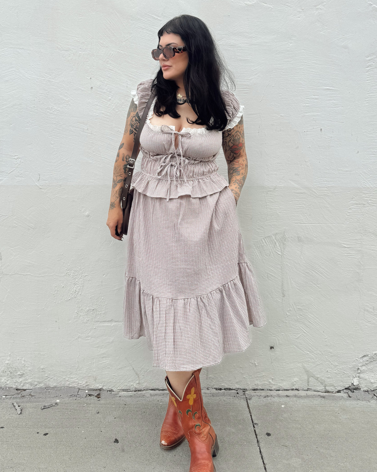 Gingham Midi Dress - Coffee