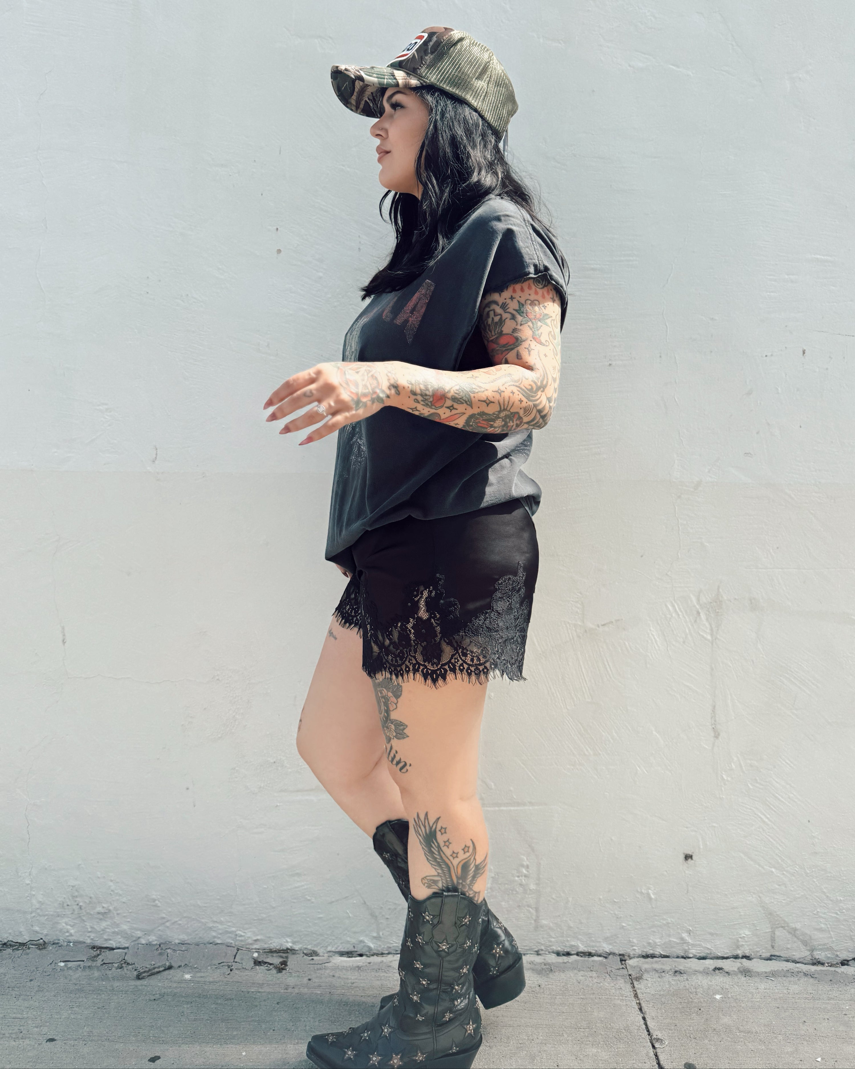Lace Trim Satin Shorts - Black