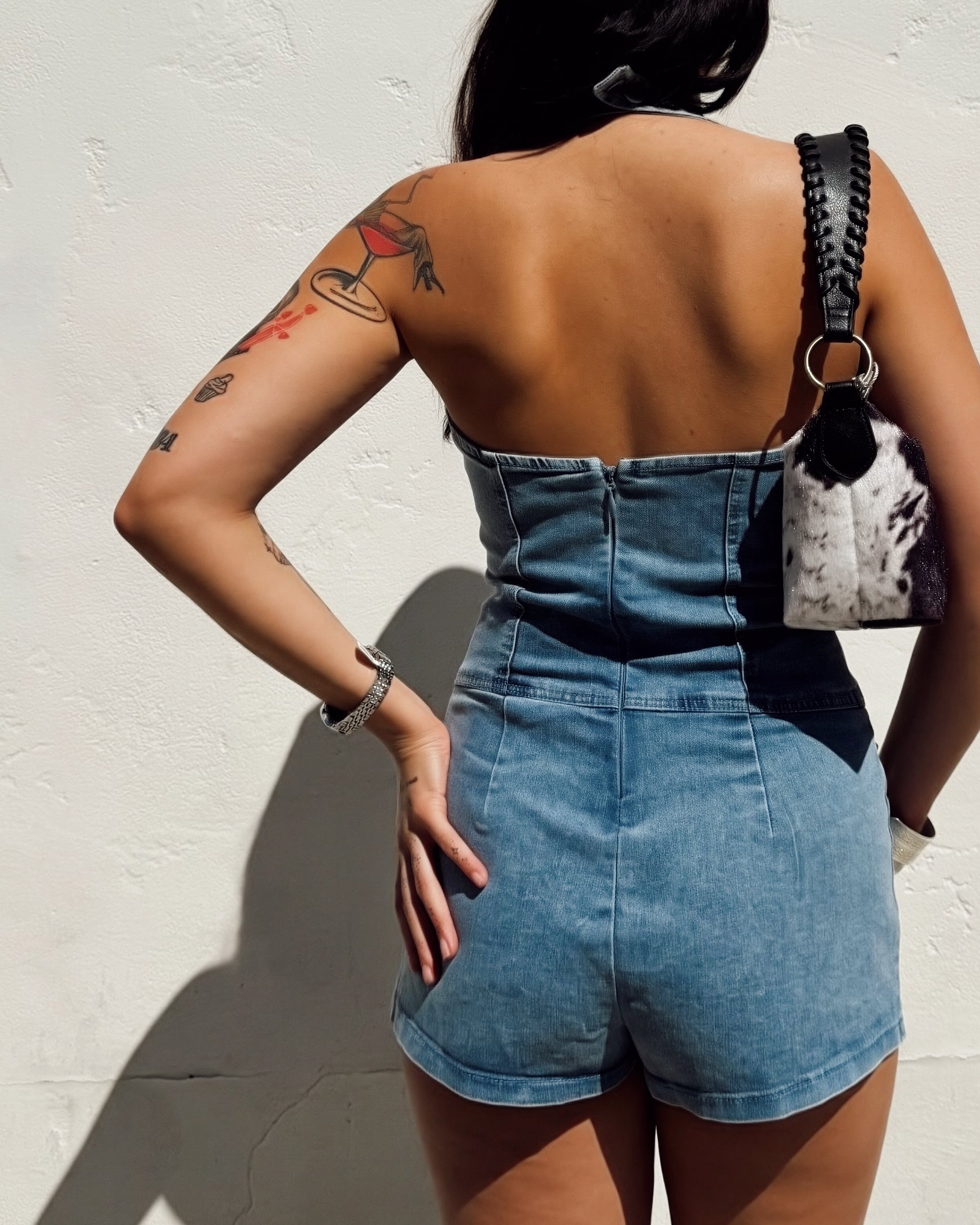 Lace Trim Denim Romper