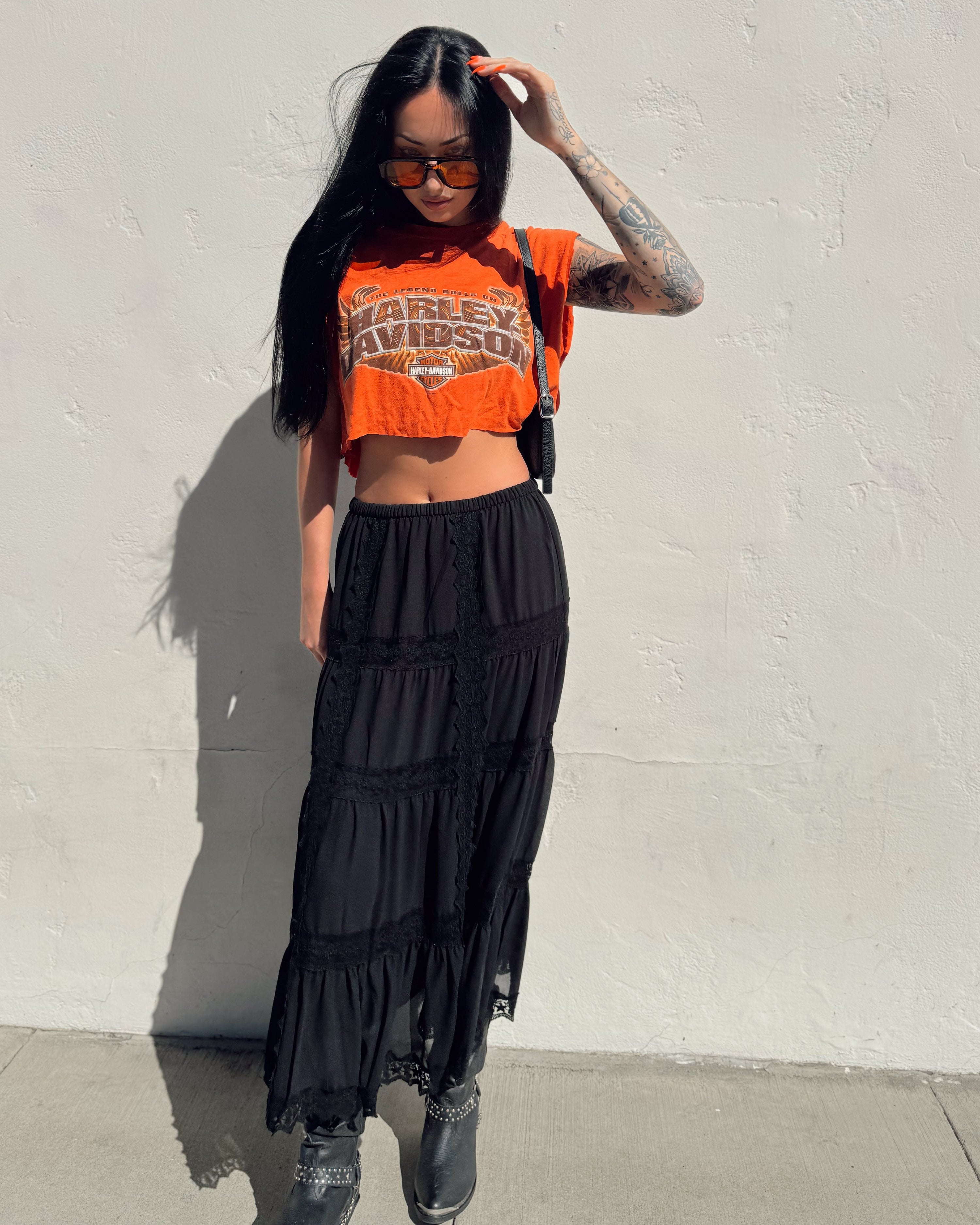 Lace Trim Maxi Skirt - Black