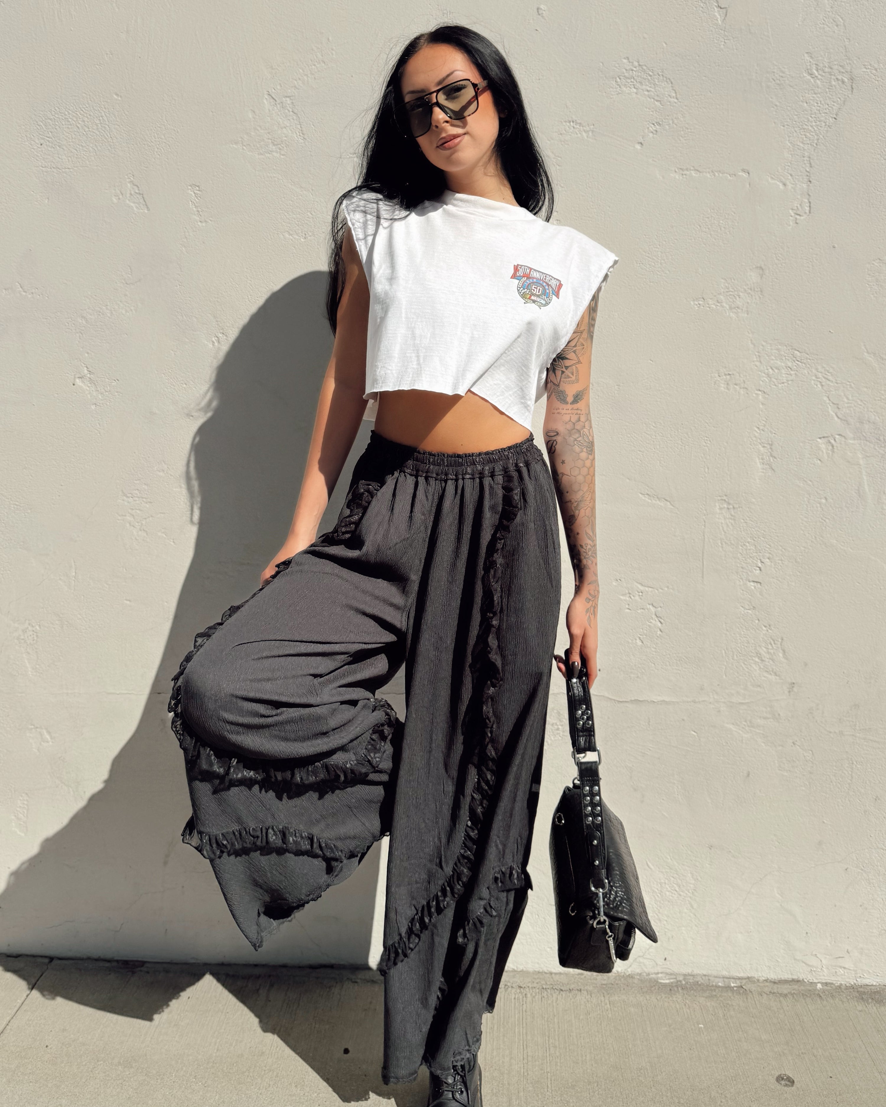 Ruffle Wide Leg Pants - Black