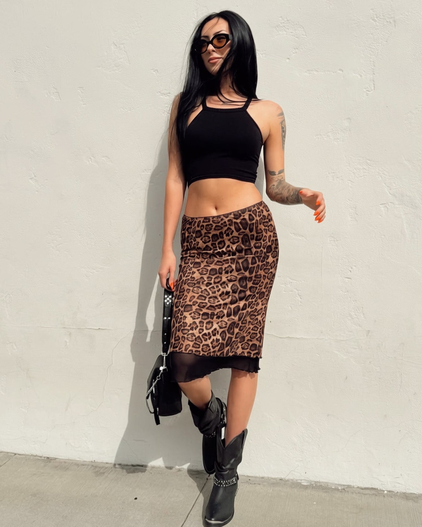 Leopard Mesh Midi Skirt