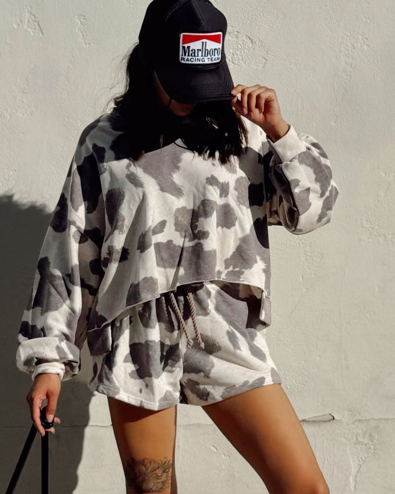 Cozy Cow Shorts Set - Burnout