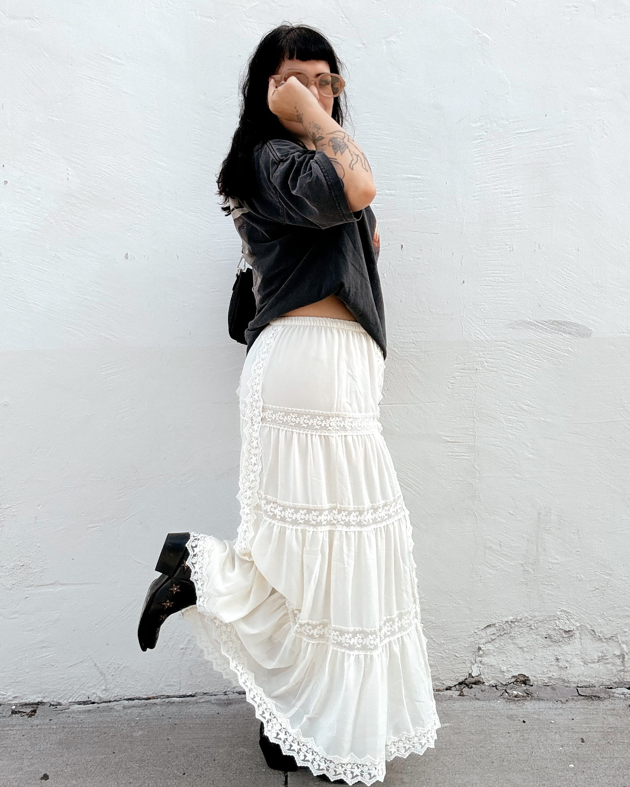 Lace Trim Maxi Skirt - Cream