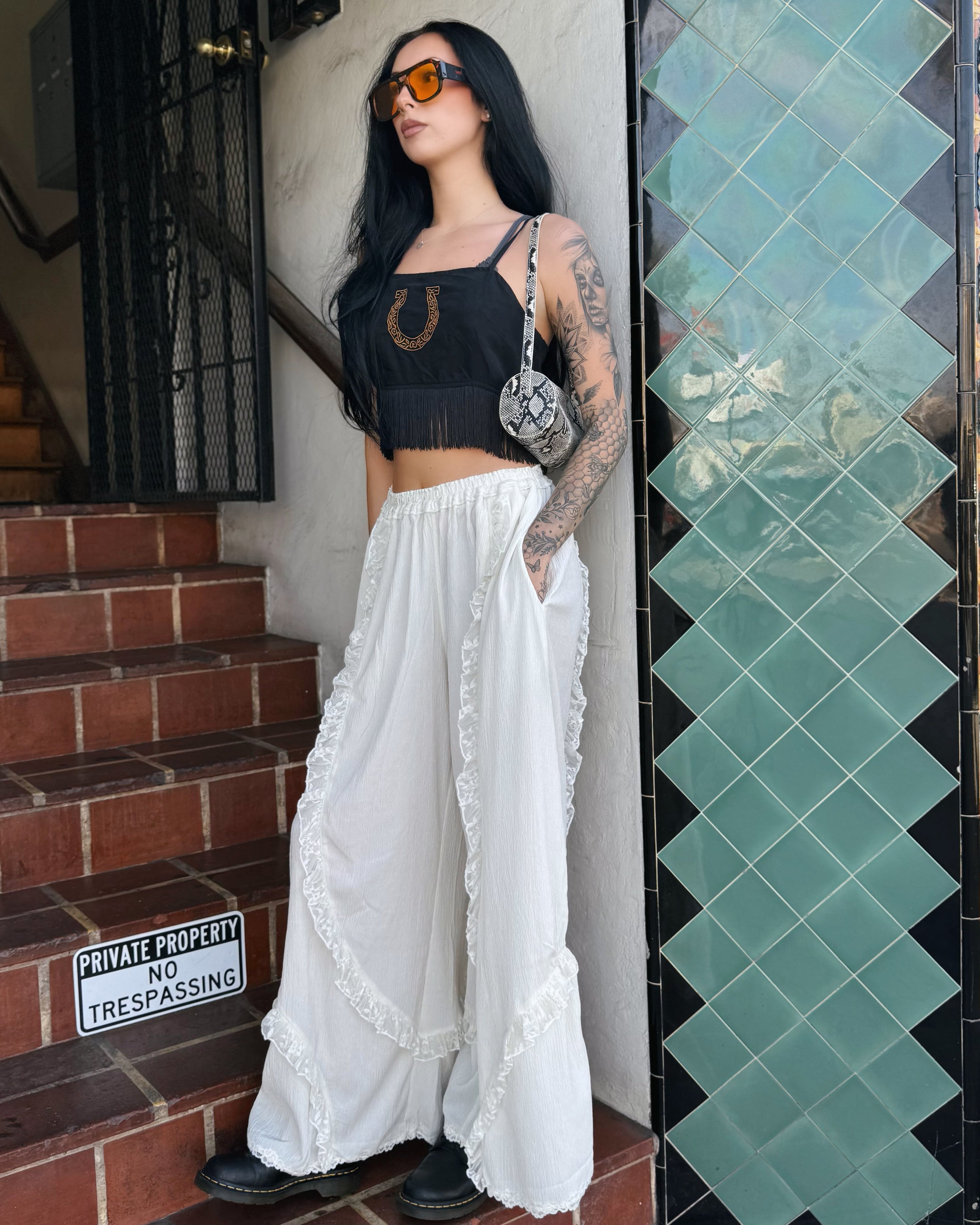 Ruffle Wide Leg Pants - Cream