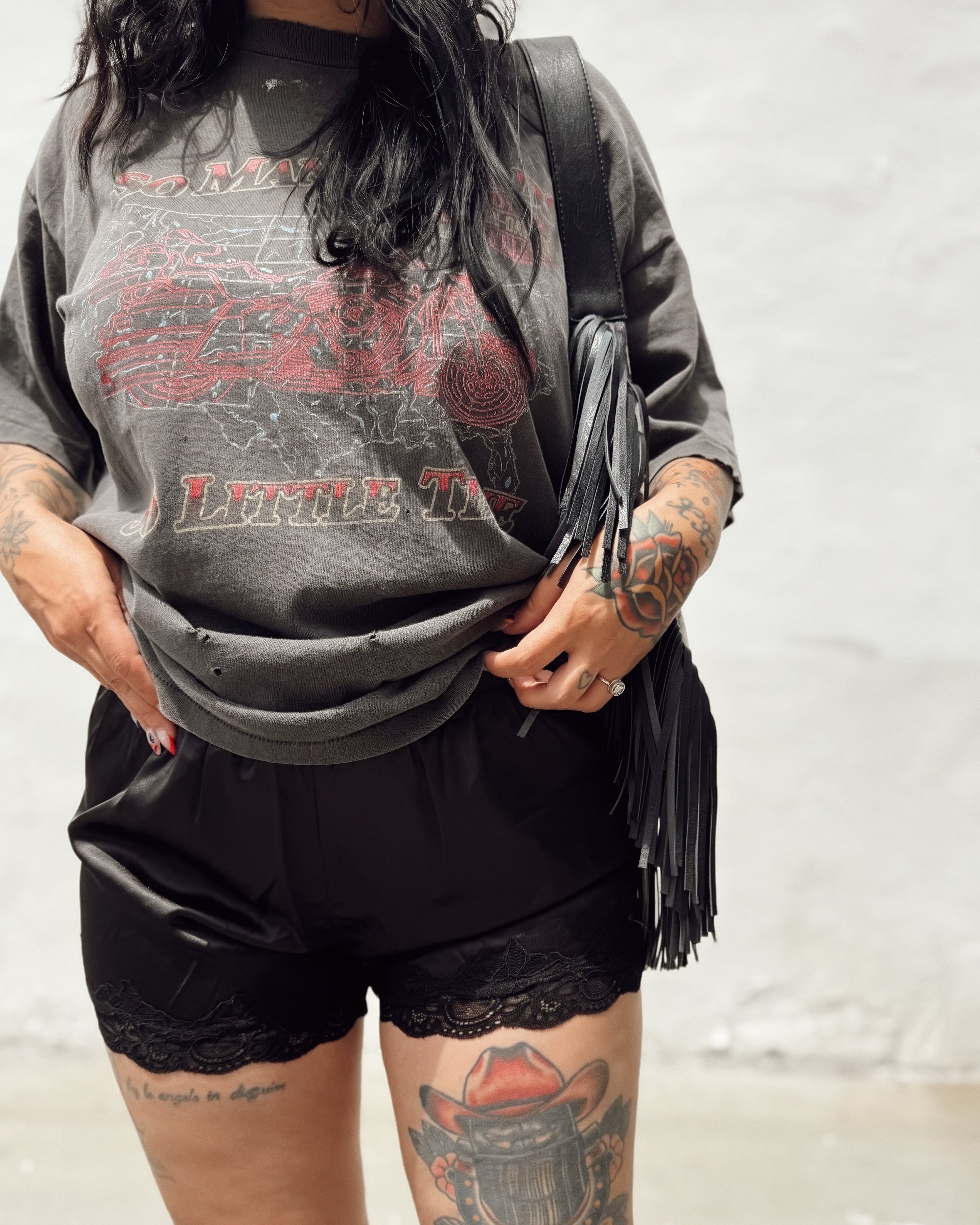 Lace Trim Satin Shorts - Black