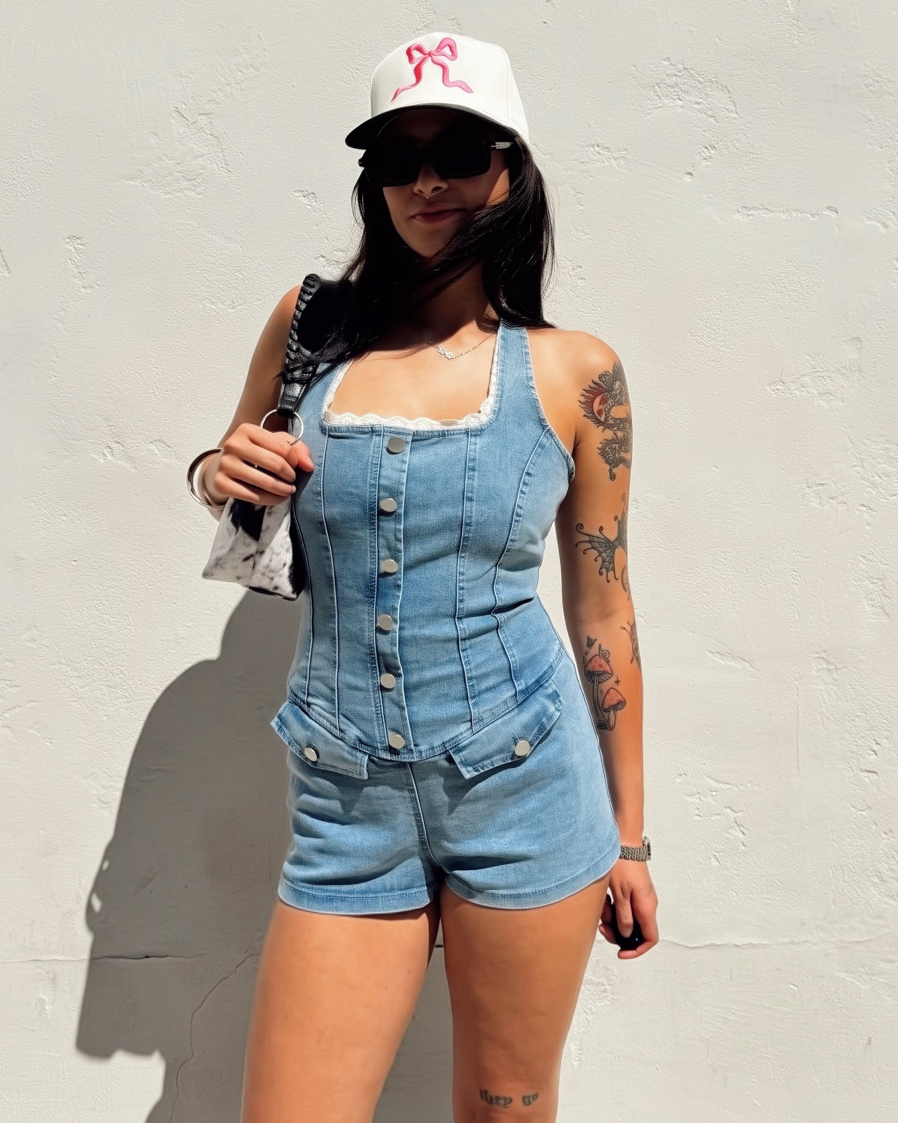 Lace Trim Denim Romper