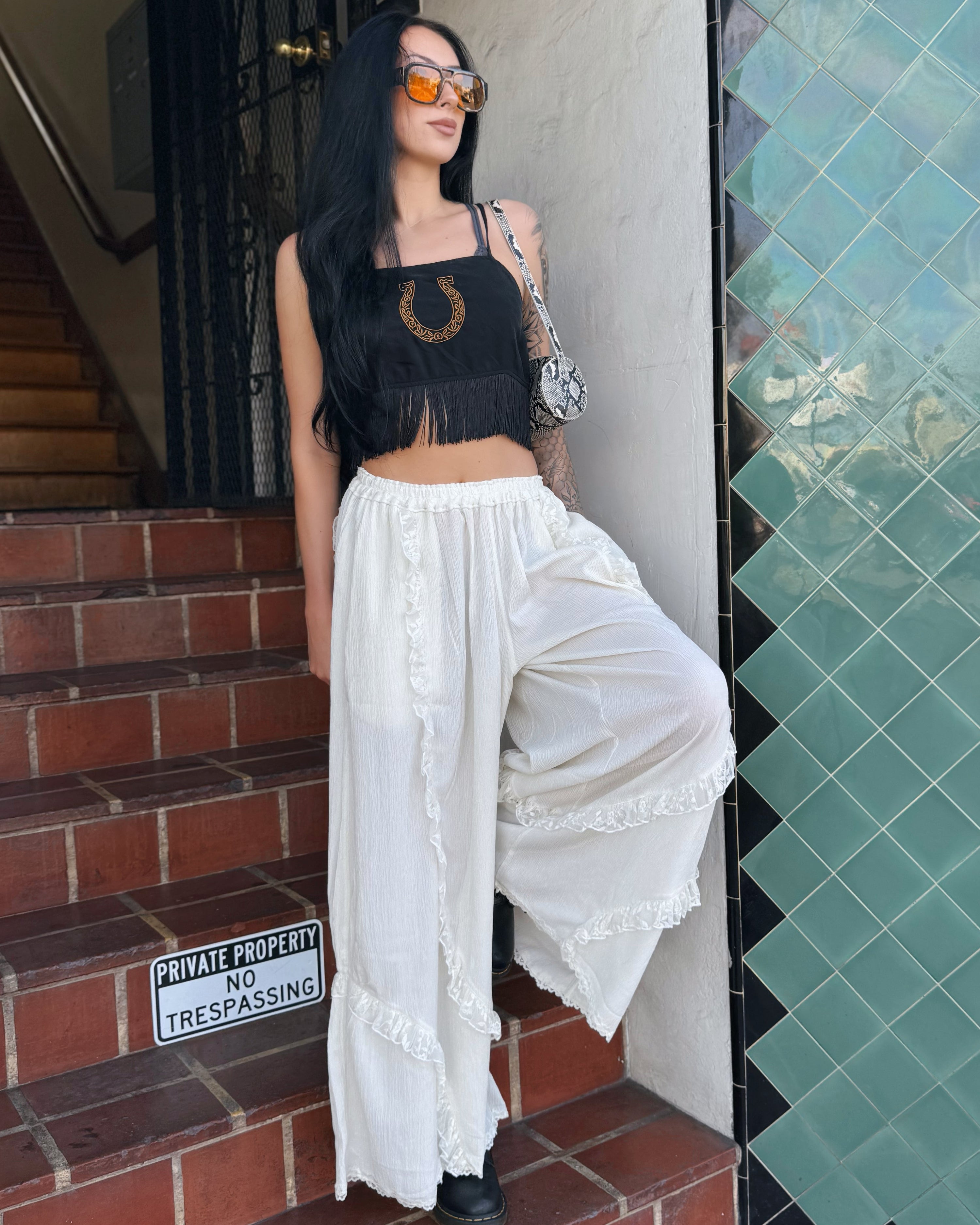 Ruffle Wide Leg Pants - Cream