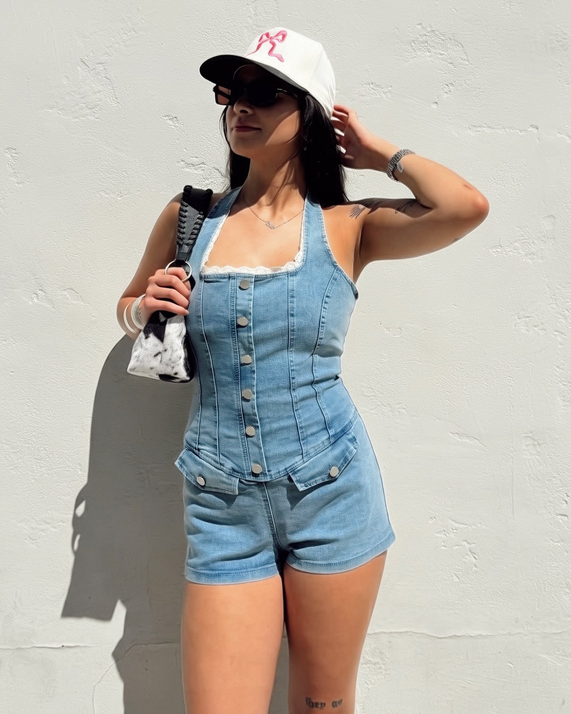 Lace Trim Denim Romper