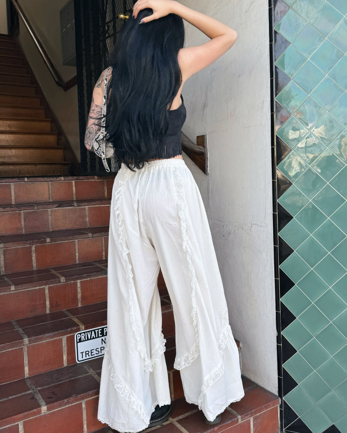 Ruffle Wide Leg Pants - Cream