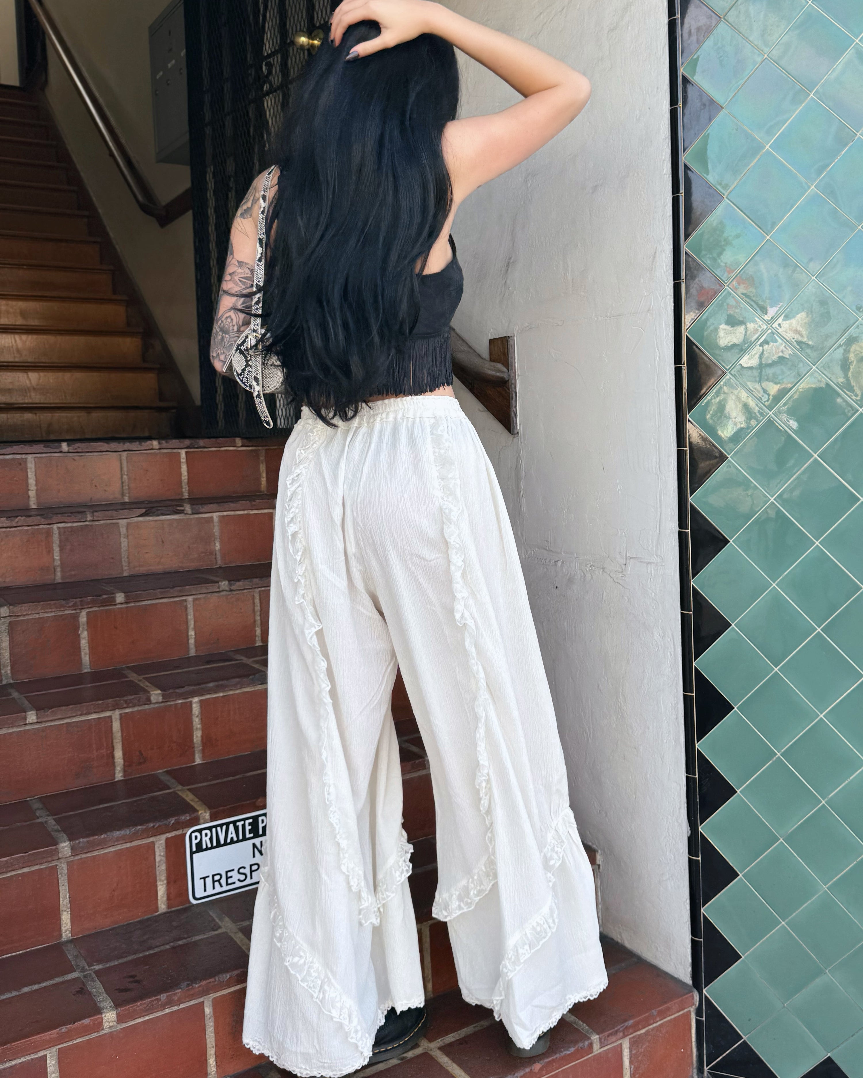 Ruffle Wide Leg Pants - Cream