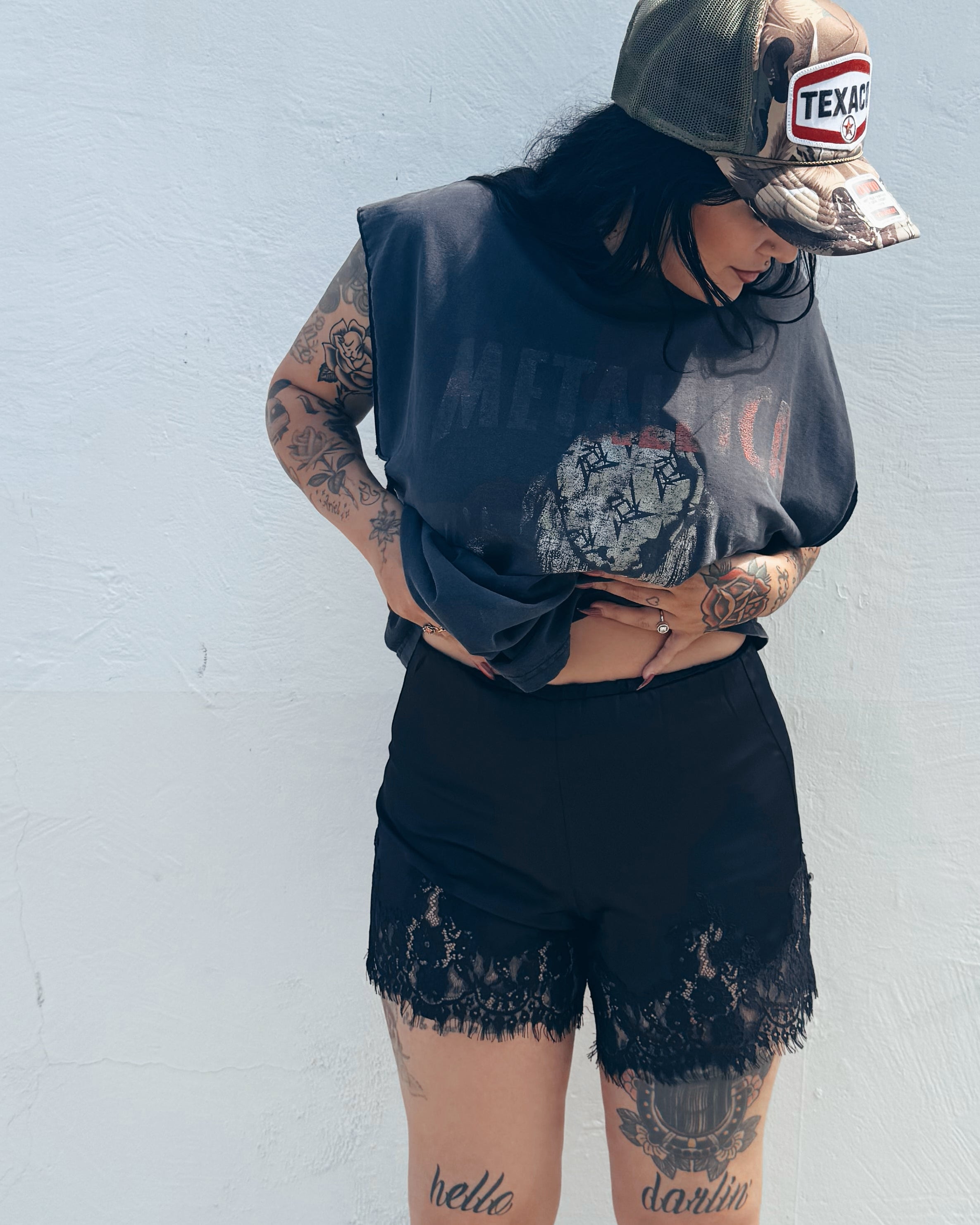 Lace Trim Satin Shorts - Black
