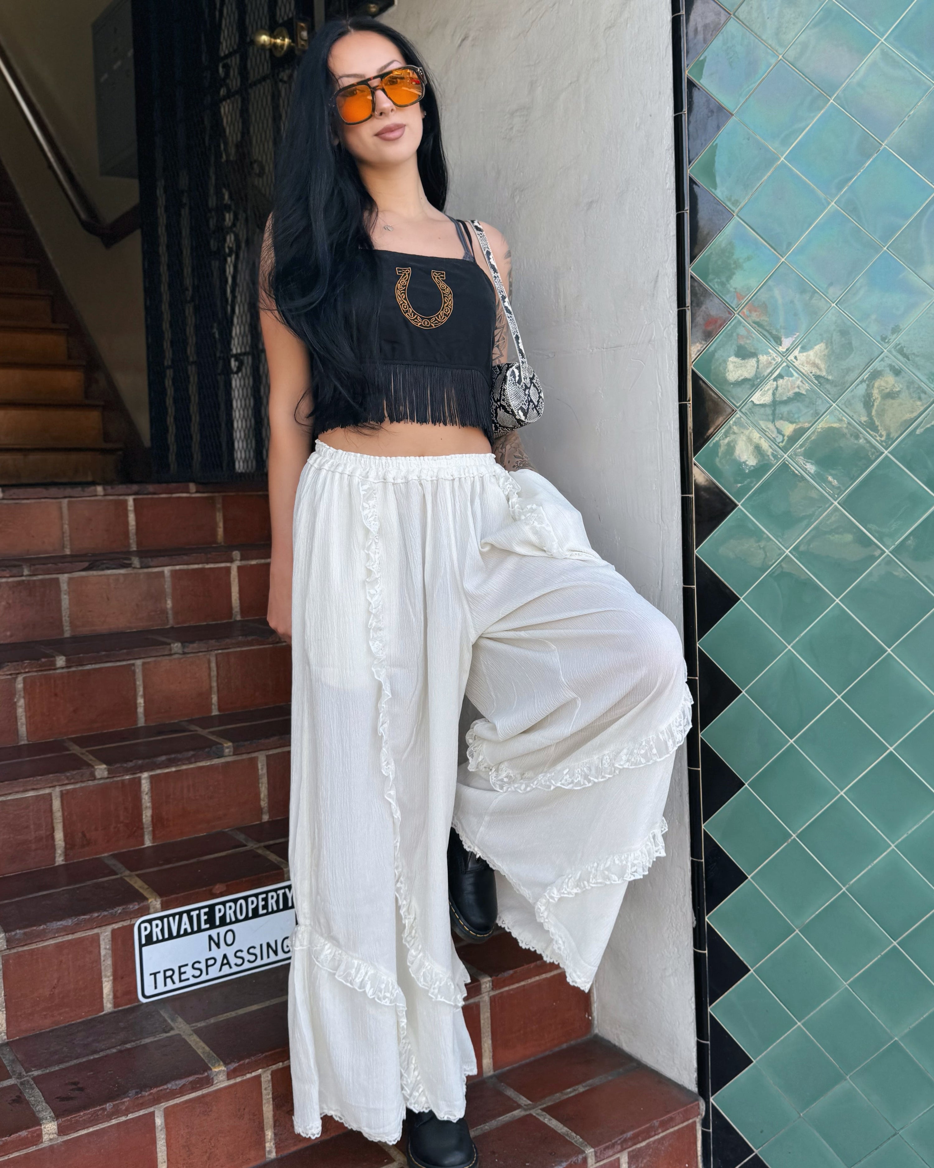 Ruffle Wide Leg Pants - Cream