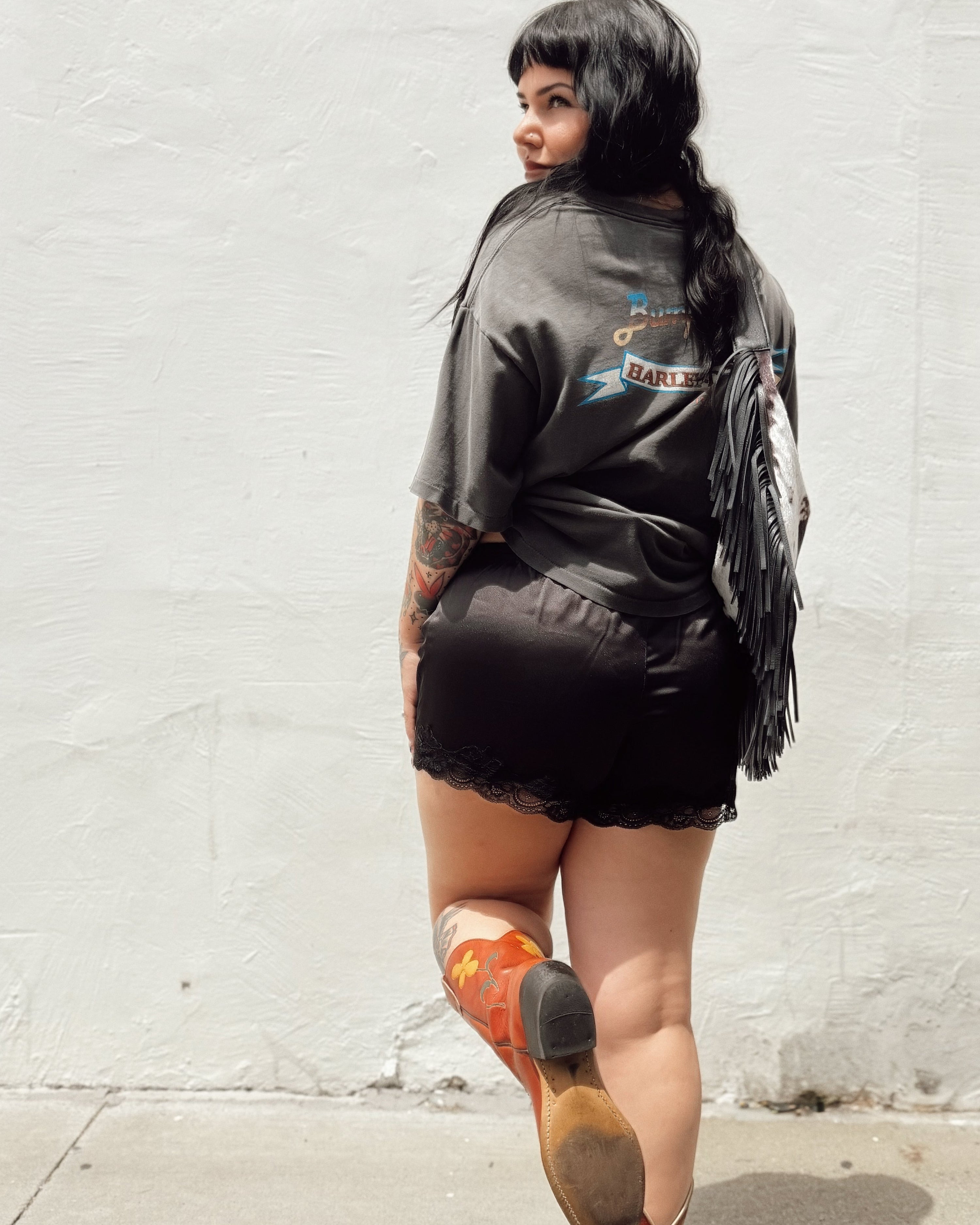 Lace Trim Satin Shorts - Black