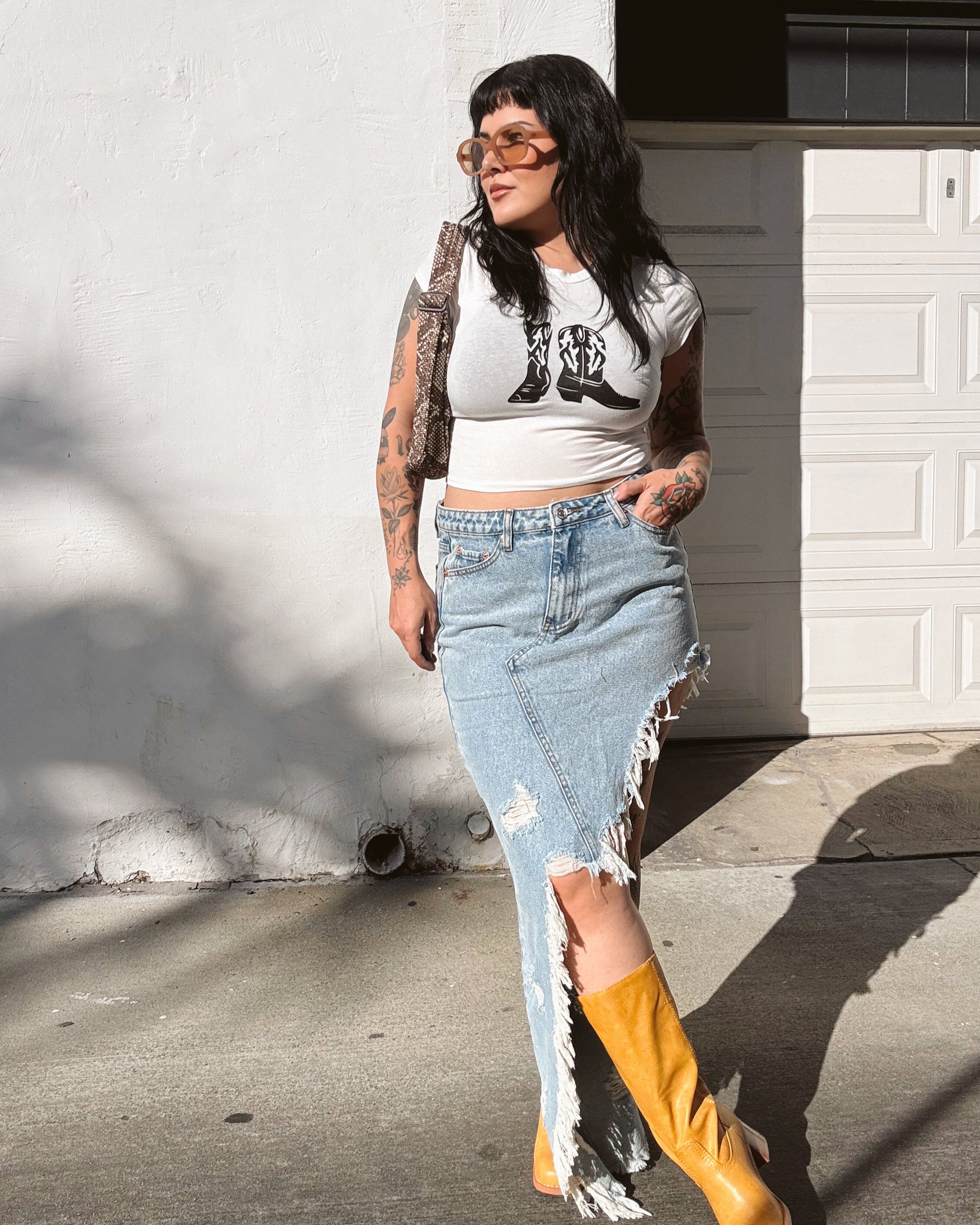 Thrashed Denim Midi Skirt