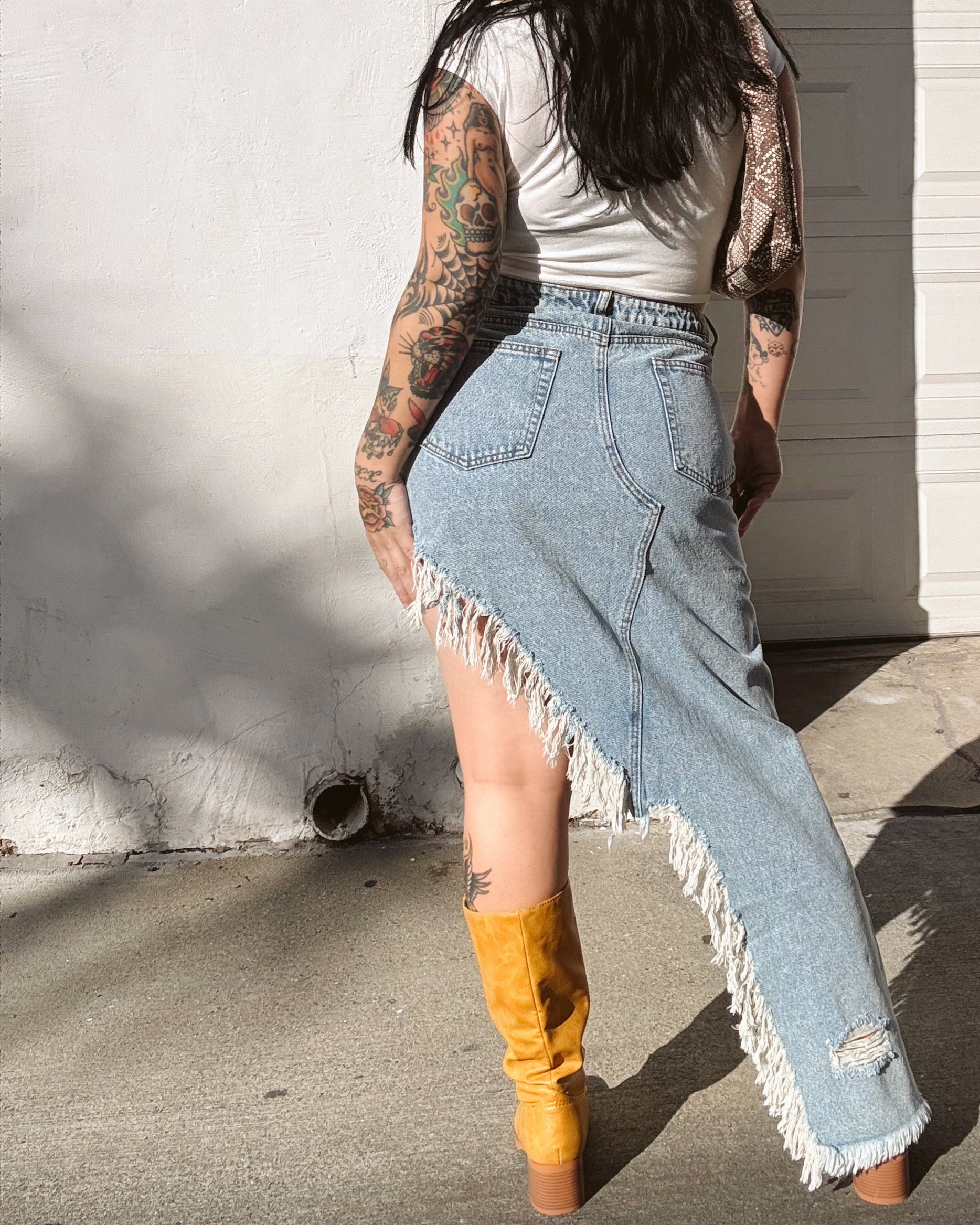 Thrashed Denim Midi Skirt
