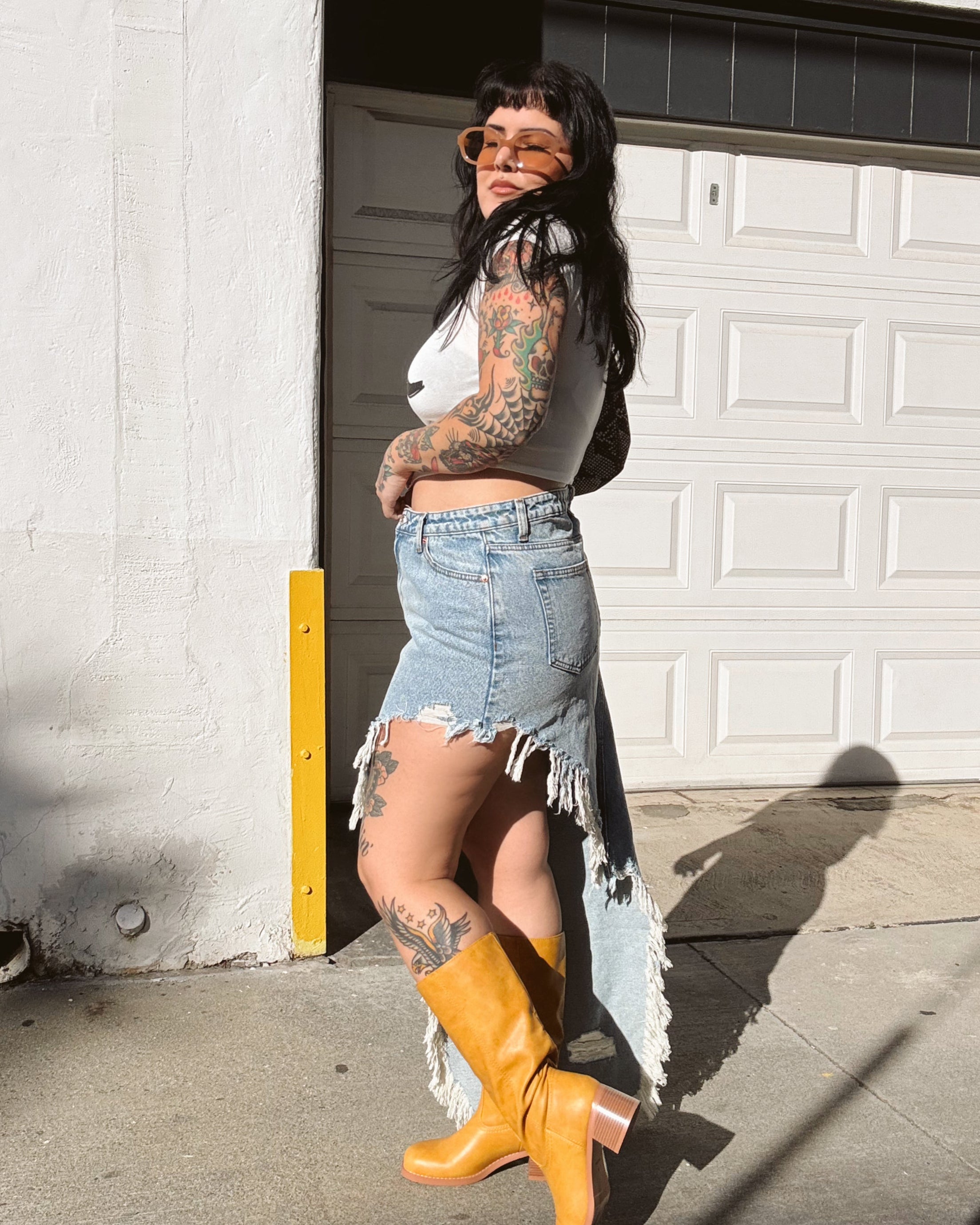 Thrashed Denim Midi Skirt