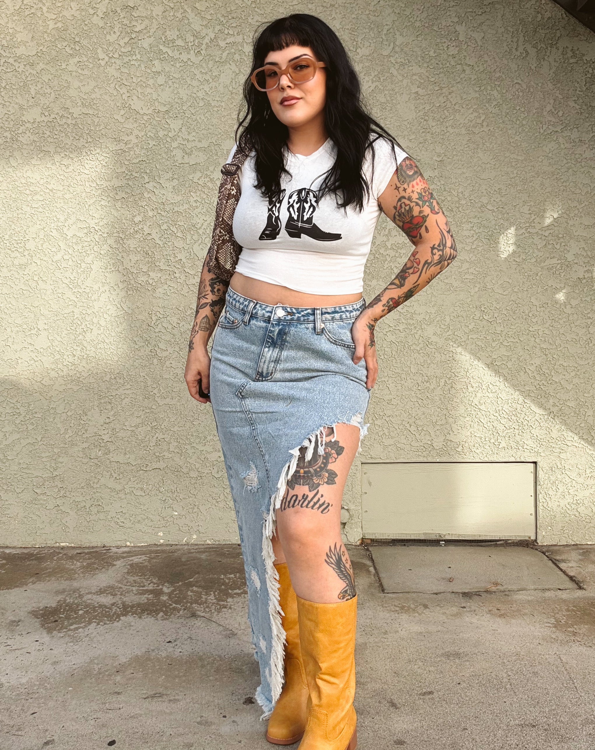 Thrashed Denim Midi Skirt