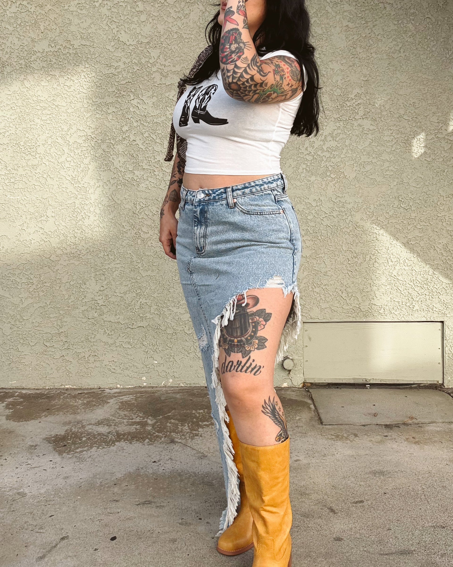 Thrashed Denim Midi Skirt